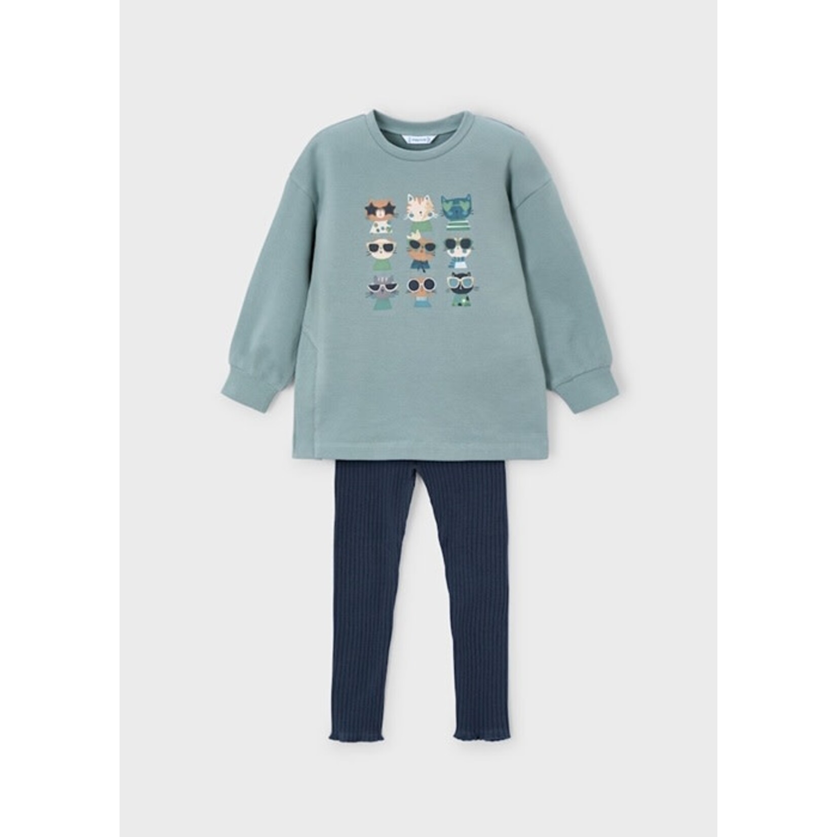 Mayoral MAYORAL - Ensemble 2 pièces - Chandail bleu gris à manches longues avec motif de chats et legging bleu marine côtelé