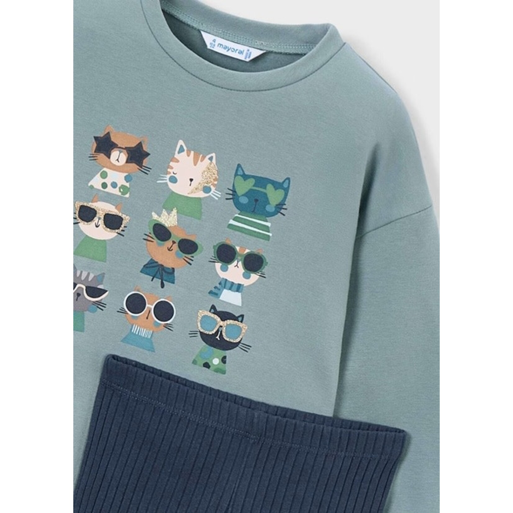 Mayoral MAYORAL - Ensemble 2 pièces - Chandail bleu gris à manches longues avec motif de chats et legging bleu marine côtelé