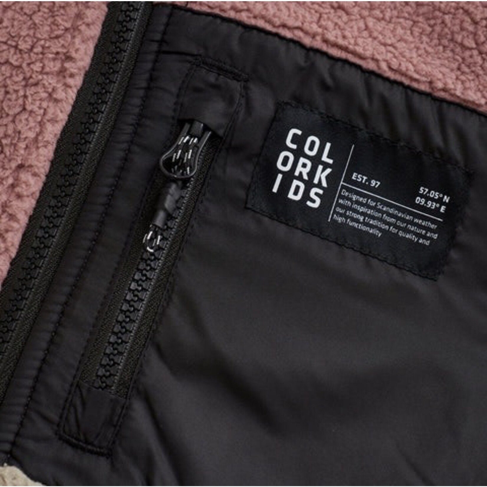 Color Kids COLOR KIDS - Manteau en sherpa mi-saison en colorblock rose, noir et beige