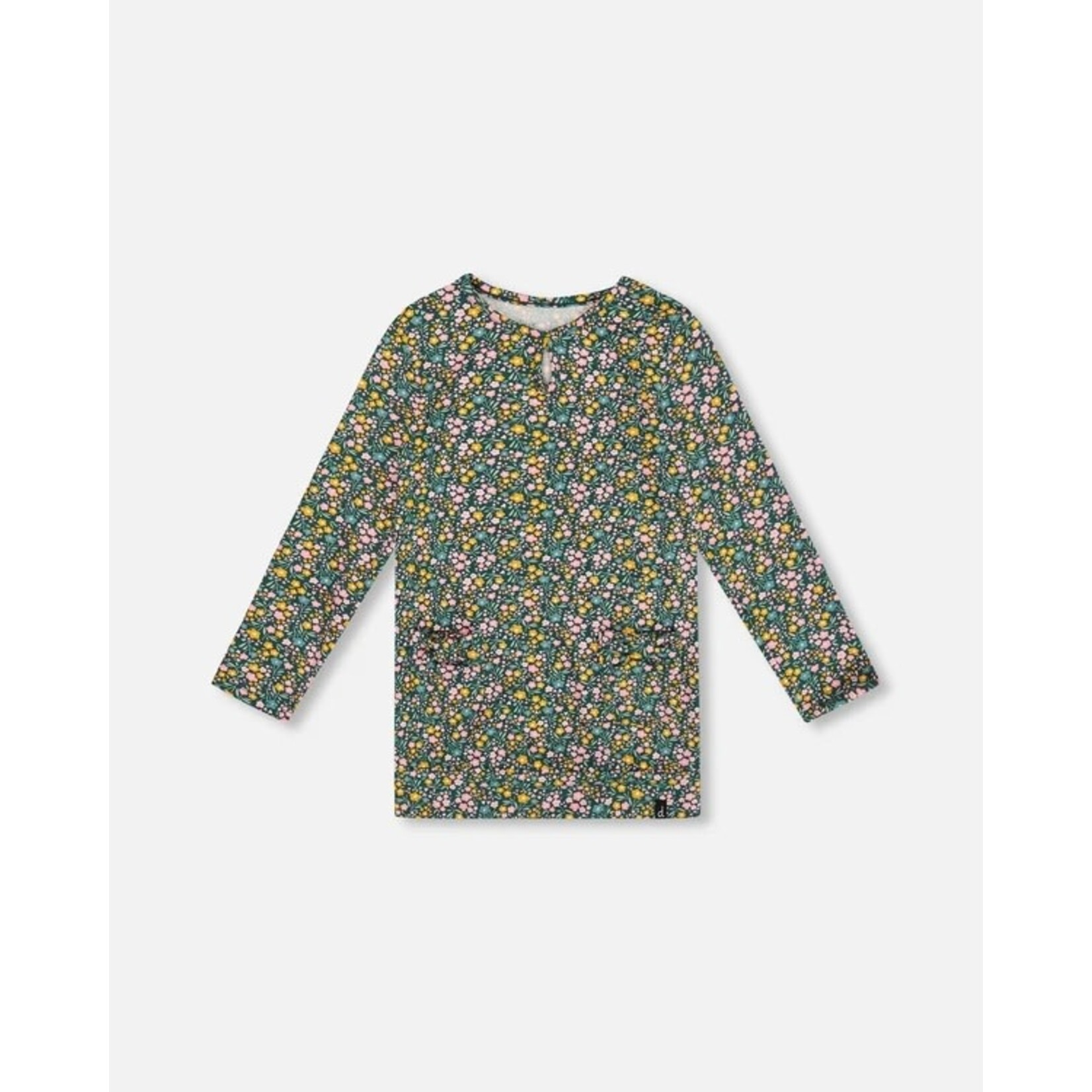 Deux par Deux DEUX PAR DEUX - Green jersey tunic with flower print 'Colchicums in the meadows'