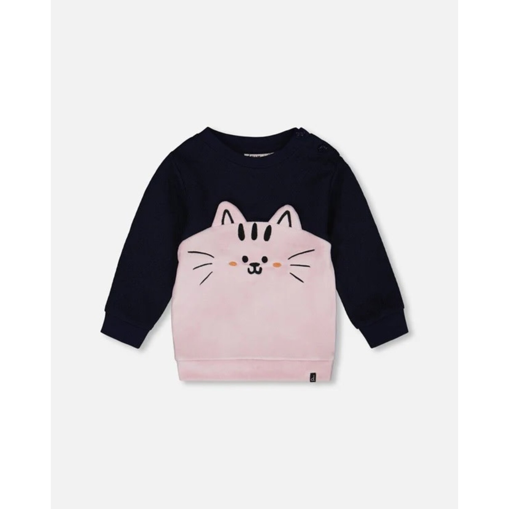 Deux par Deux DEUX PAR DEUX-  Long dark blue two-tone top with 'Chatouille' cat