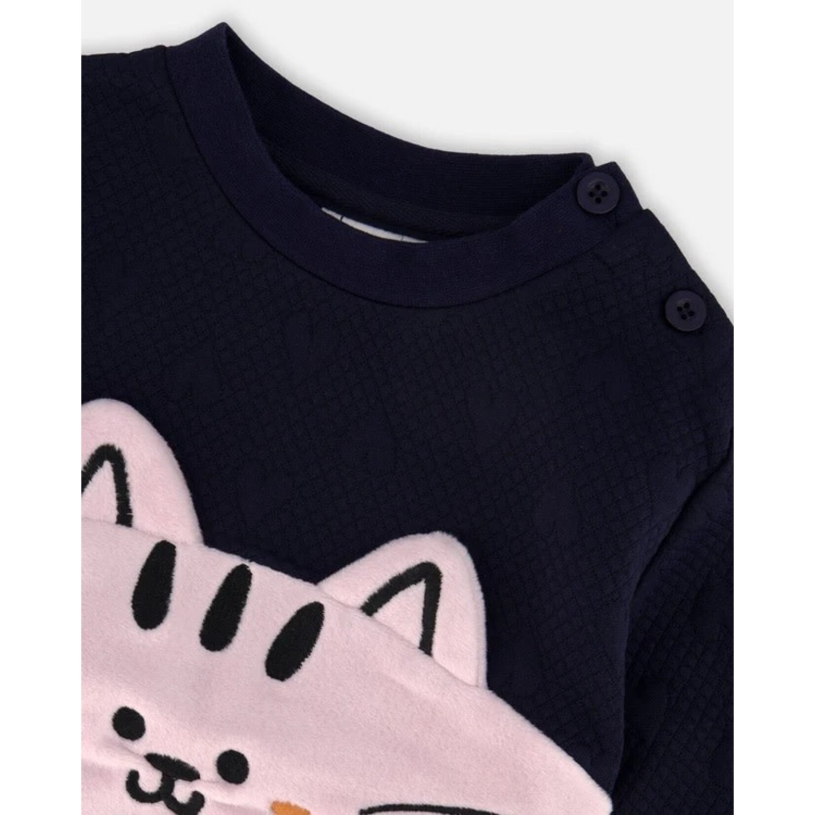 Deux par Deux DEUX PAR DEUX-  Long dark blue two-tone top with 'Chatouille' cat