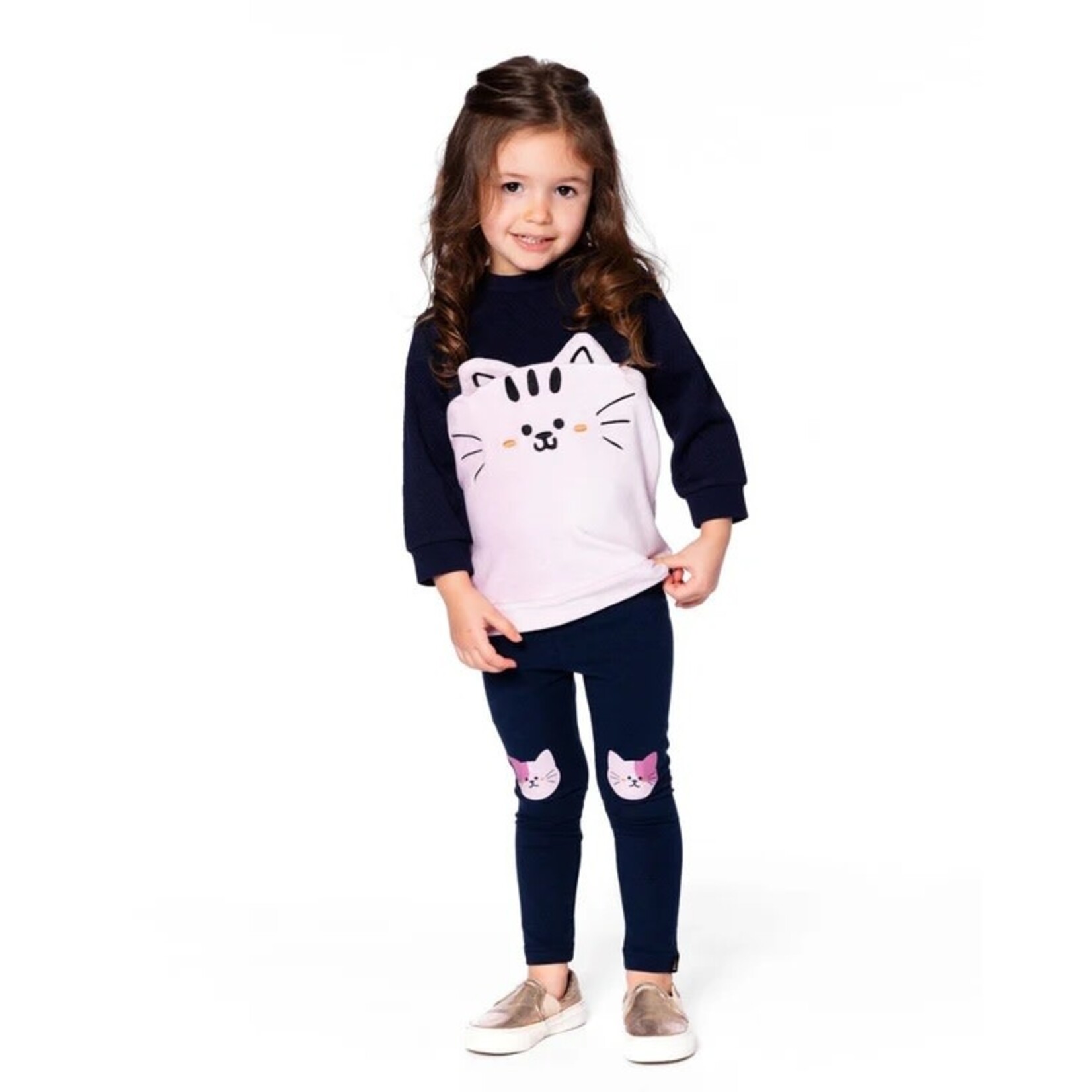 Deux par Deux DEUX PAR DEUX-  Long dark blue two-tone top with 'Chatouille' cat