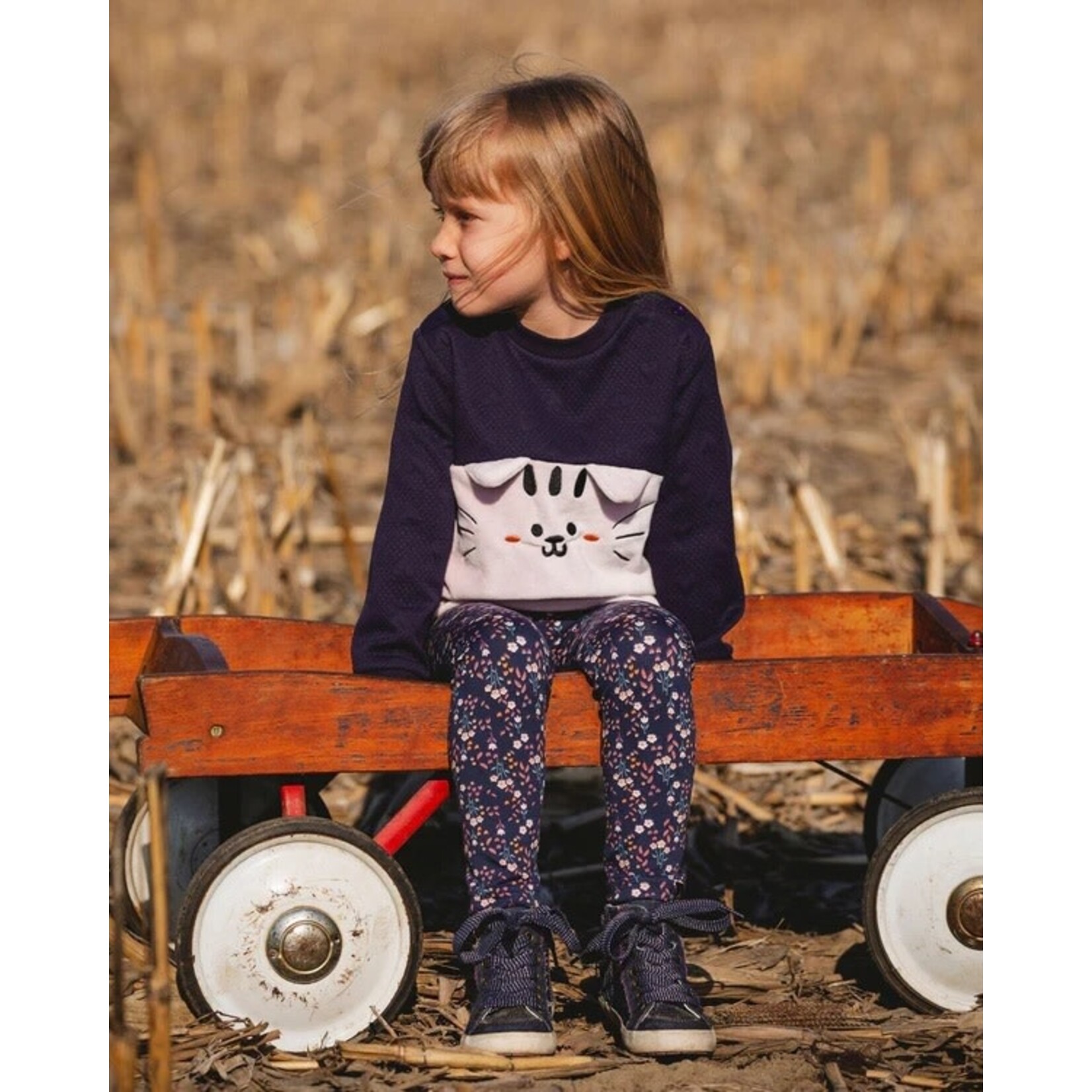 Deux par Deux DEUX PAR DEUX-  Long dark blue two-tone top with 'Chatouille' cat