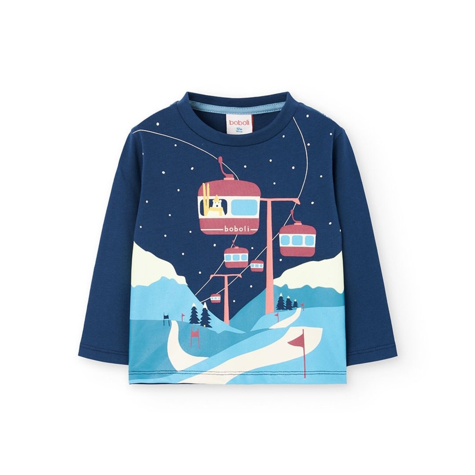 Boboli BOBOLI - Blue Knit Long Sleeved T-Shirt with Cable Car Print