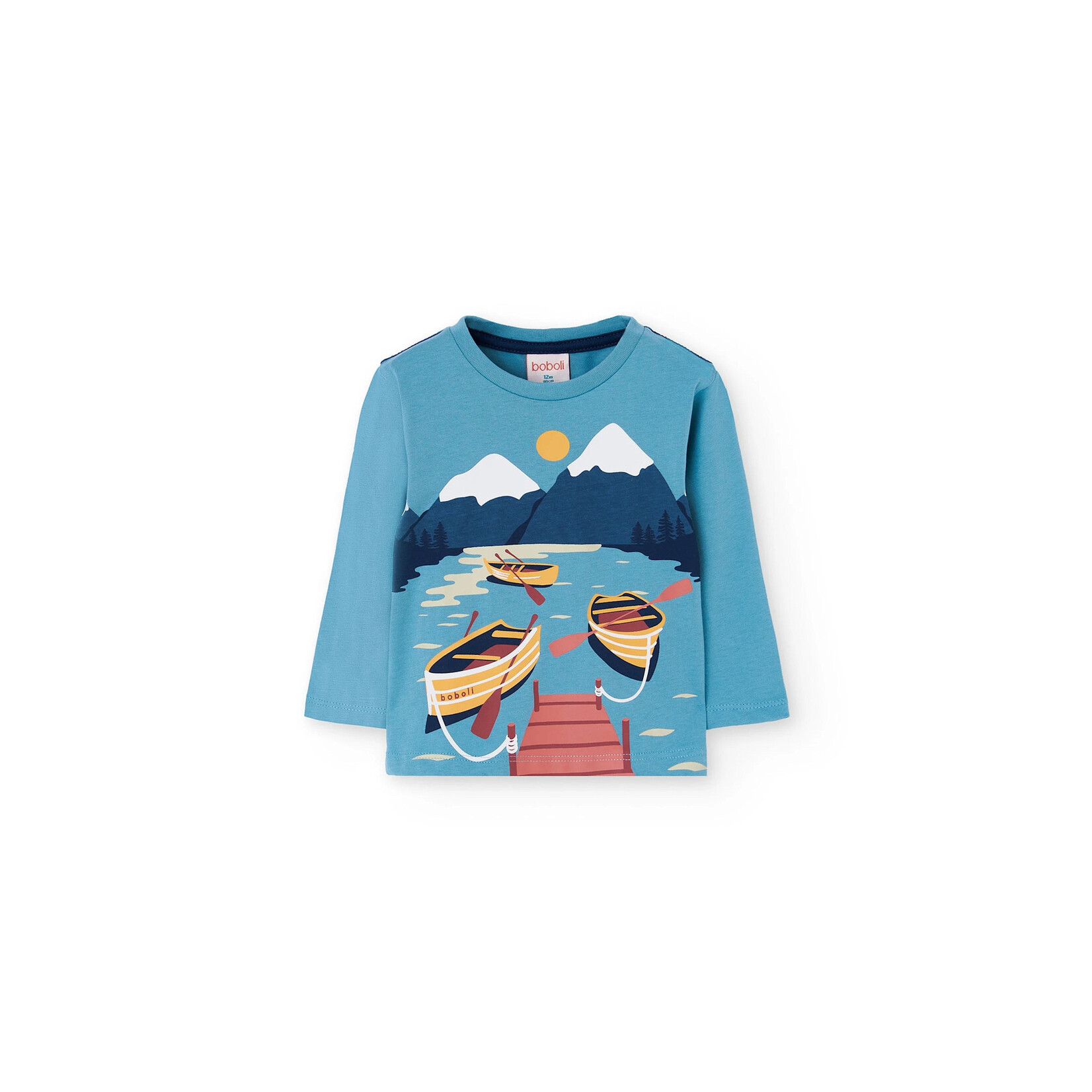 Boboli BOBOLI - Turquoise Knit Long Sleeved T-Shirt with Lake and Mountains Print
