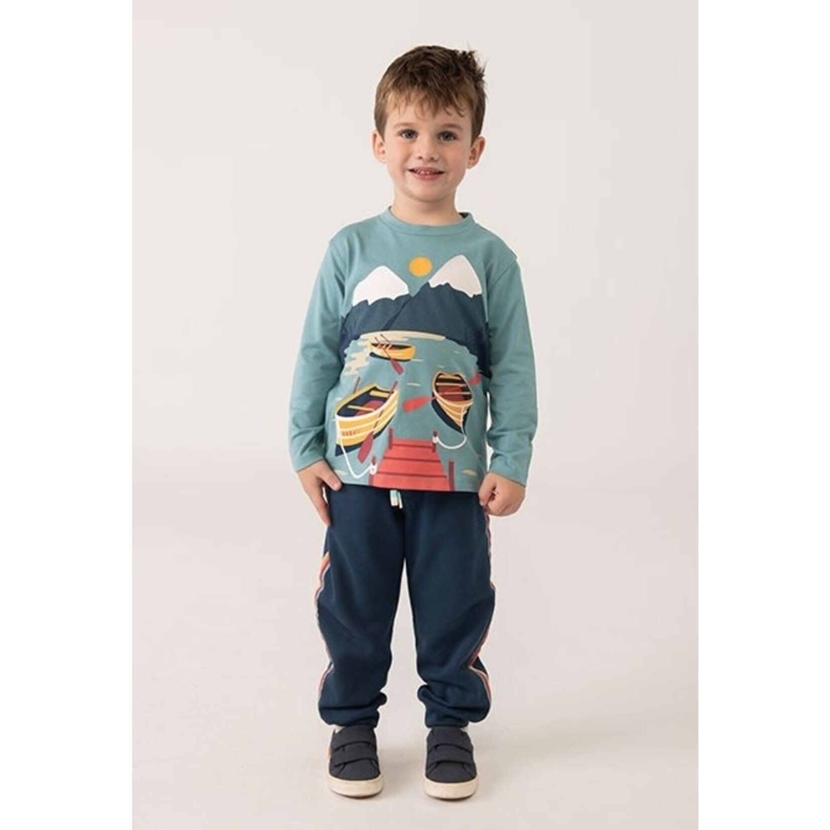 Boboli BOBOLI - Turquoise Knit Long Sleeved T-Shirt with Lake and Mountains Print