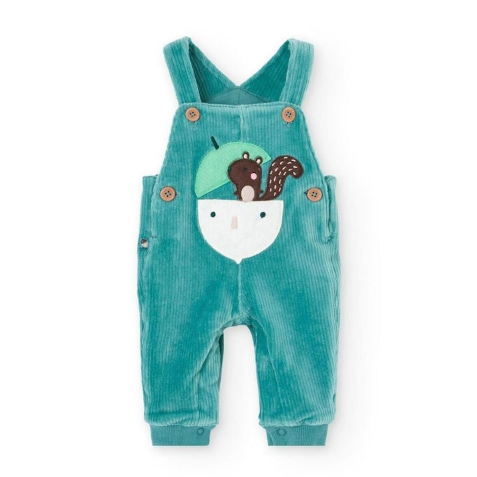 Boboli BOBOLI - Green Corduroy Overalls Set with Squirrel Embroidery and White Long Sleeved T-Shirt