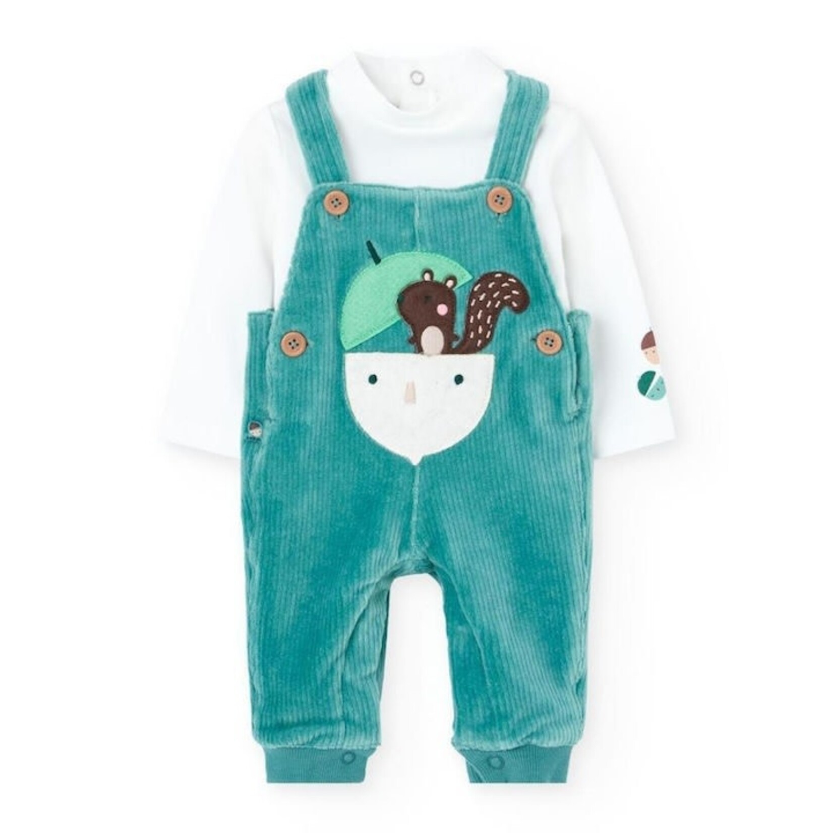 Boboli BOBOLI - Ensemble de salopette en velours côtelé vert avec broderie d'écureuil et chandail blanc à manches longues