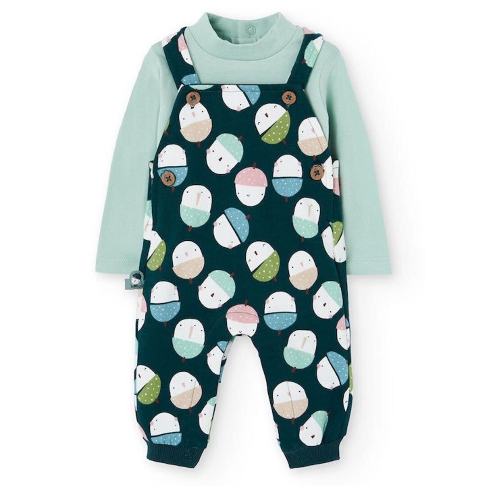 Boboli BOBOLI - Green Overalls Set with Acorn Print and Sage Green Long Sleeved T-Shirt