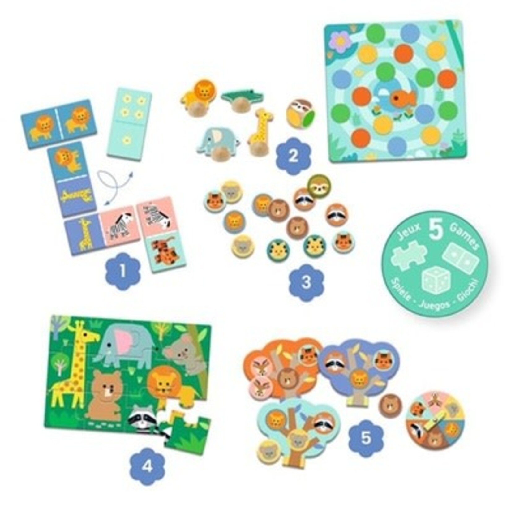 Djeco DJECO - 5 educational games - Ludo/Puzzle/Domino/Memo/Lotto - Wild animals