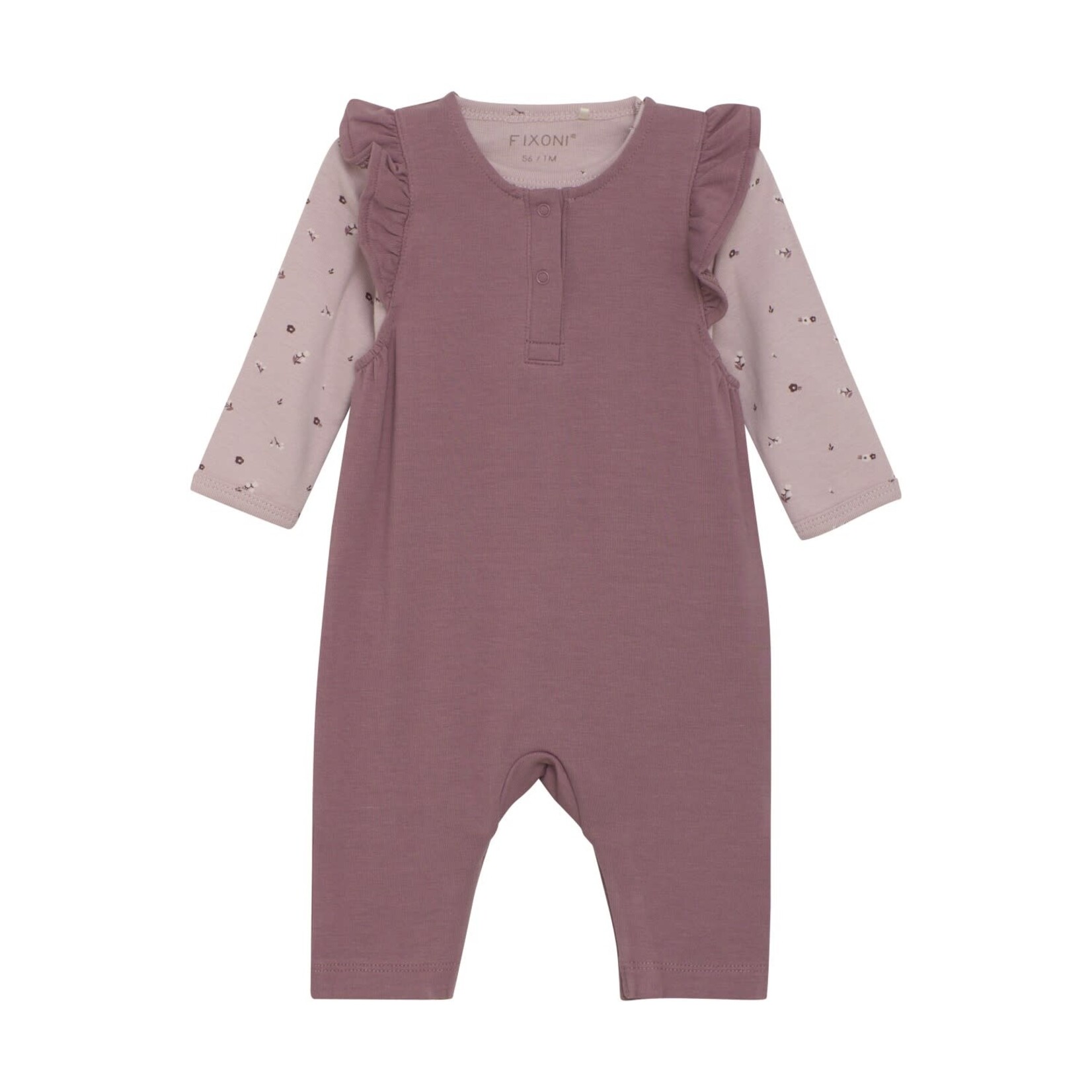 Fixoni FIXONI - Two-Piece Set with Light Purple Floral Bodysuit and Dark Purple Overalls
