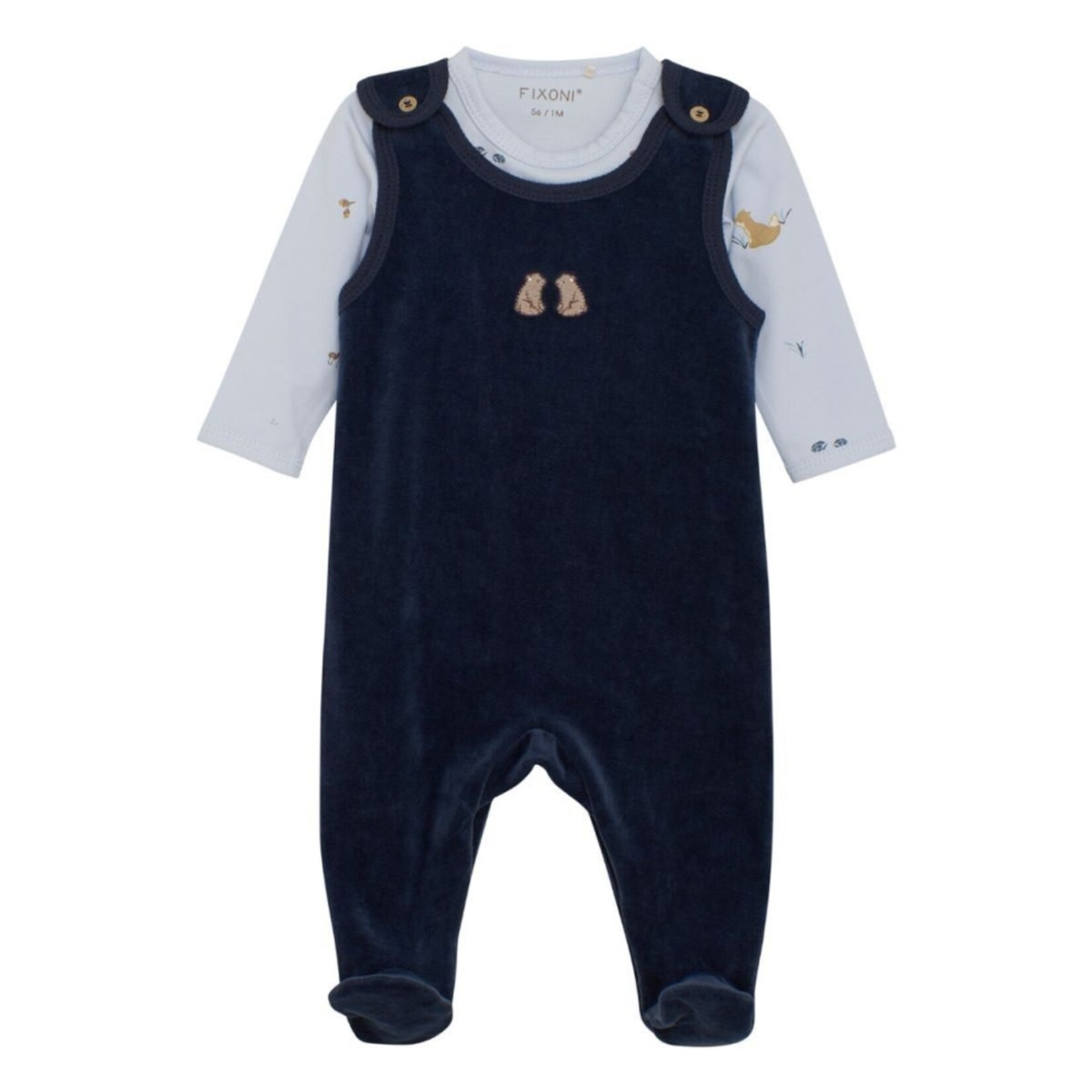 Fixoni FIXONI - Two-Piece Set with Light Blue Bodysuit and Dark Blue Velvet Overalls