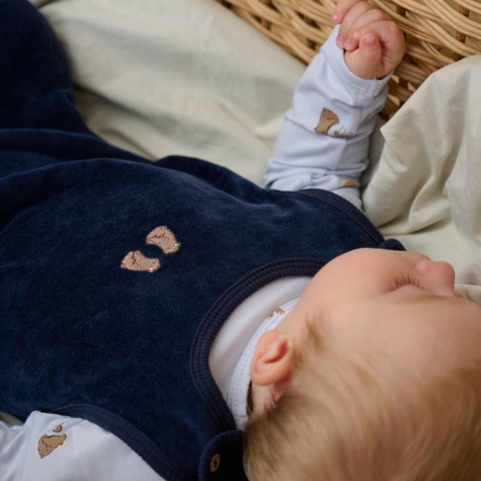 Fixoni FIXONI - Two-Piece Set with Light Blue Bodysuit and Dark Blue Velvet Overalls
