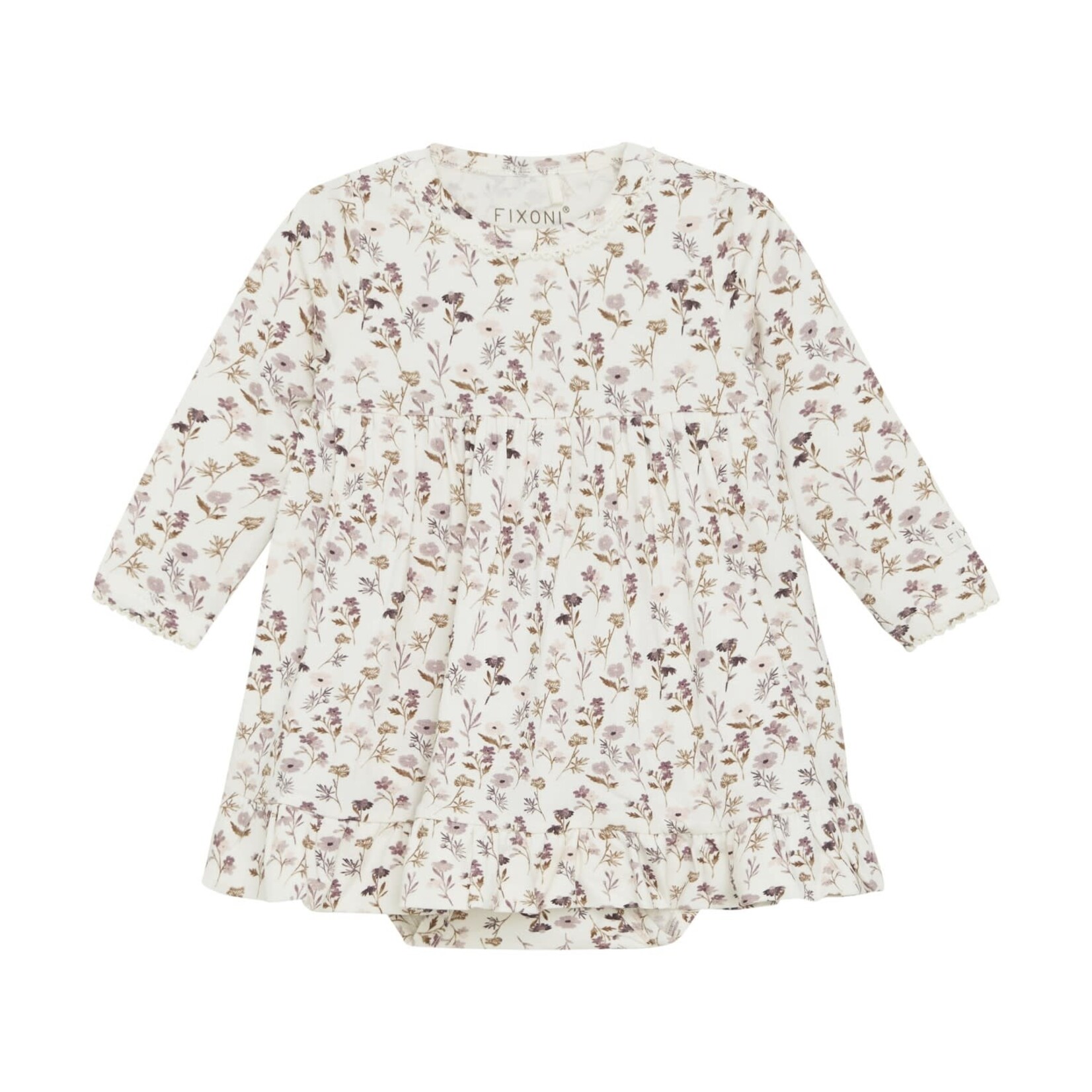 Fixoni FIXONI - Dress with built-in cover-up in cream with pink/mauve flower patterns