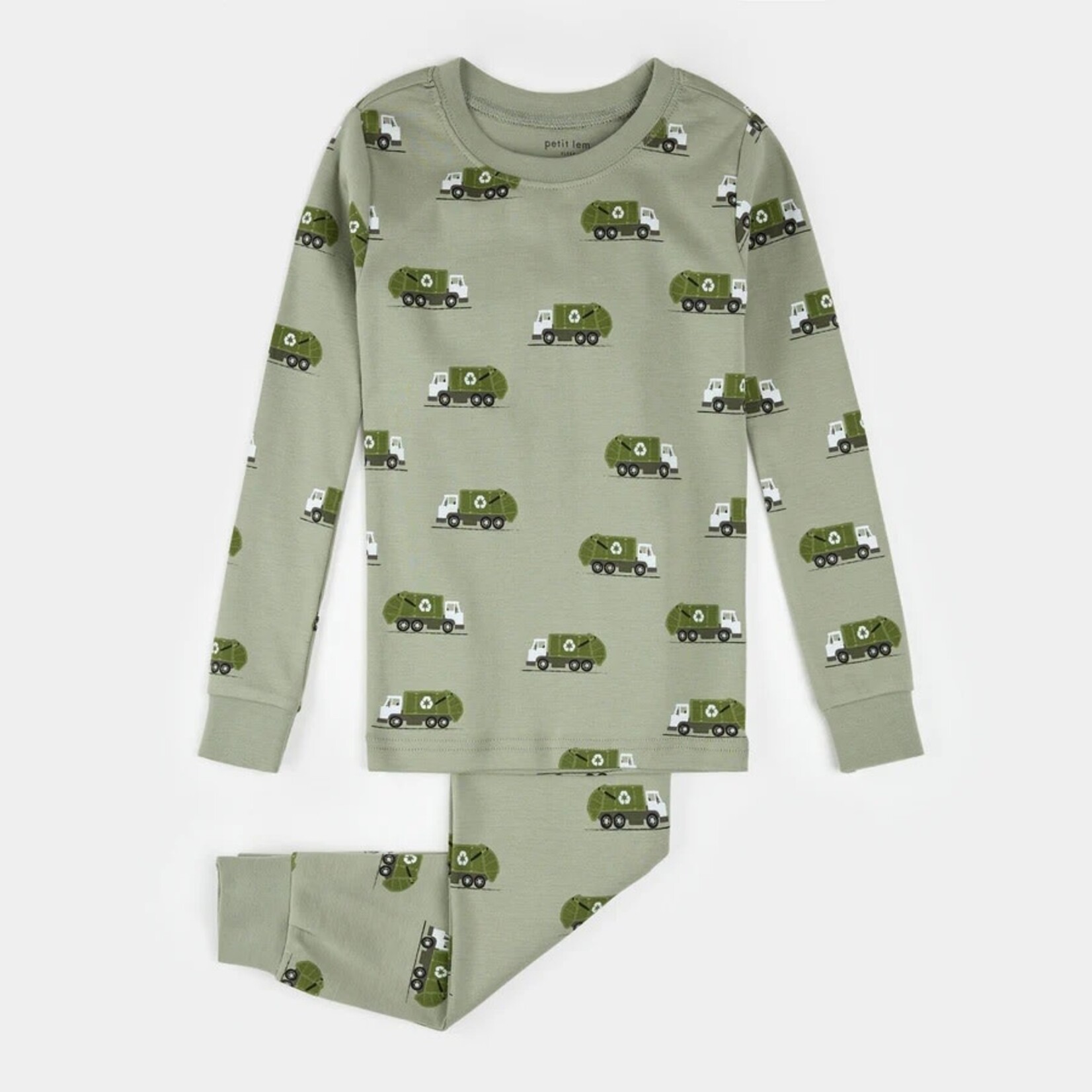 Petit Lem PETIT LEM - Recycling Truck Print on Fall Green Pajama Set