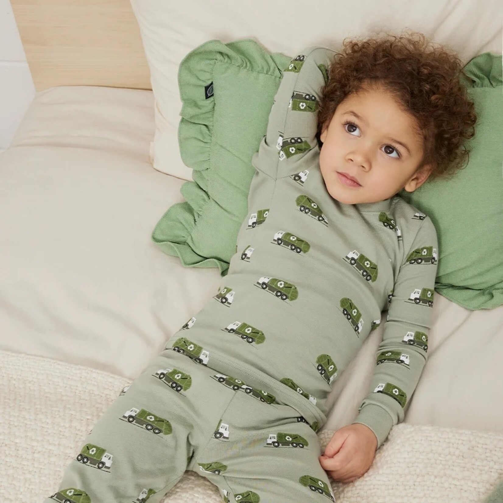 Petit Lem PETIT LEM - Recycling Truck Print on Fall Green Pajama Set