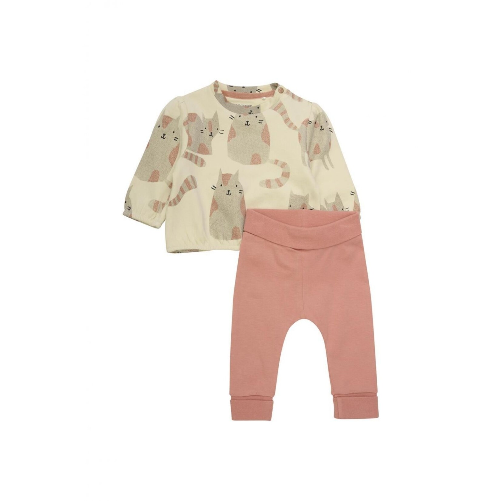 Noppies NOPPIES - Two Piece Set with oatmeal long-sleeve Shirt Featuring a cat print and salmon-colored Pants
