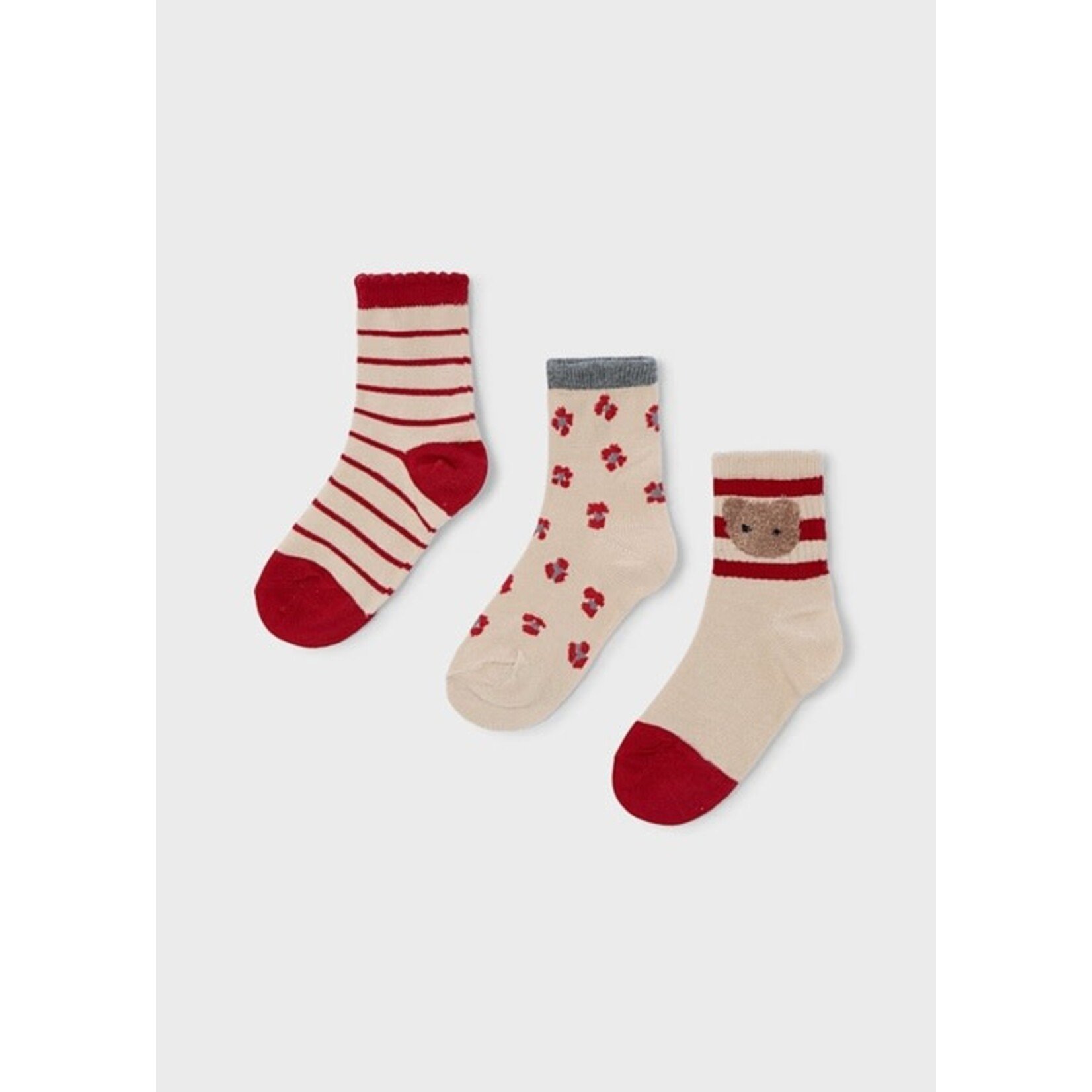 Mayoral MAYORAL - Lot de 3 paires de chaussettes 'Beige avec rayures rouge et ourson/Beige avec fleurs rouge/Beige avec rayures rouge'