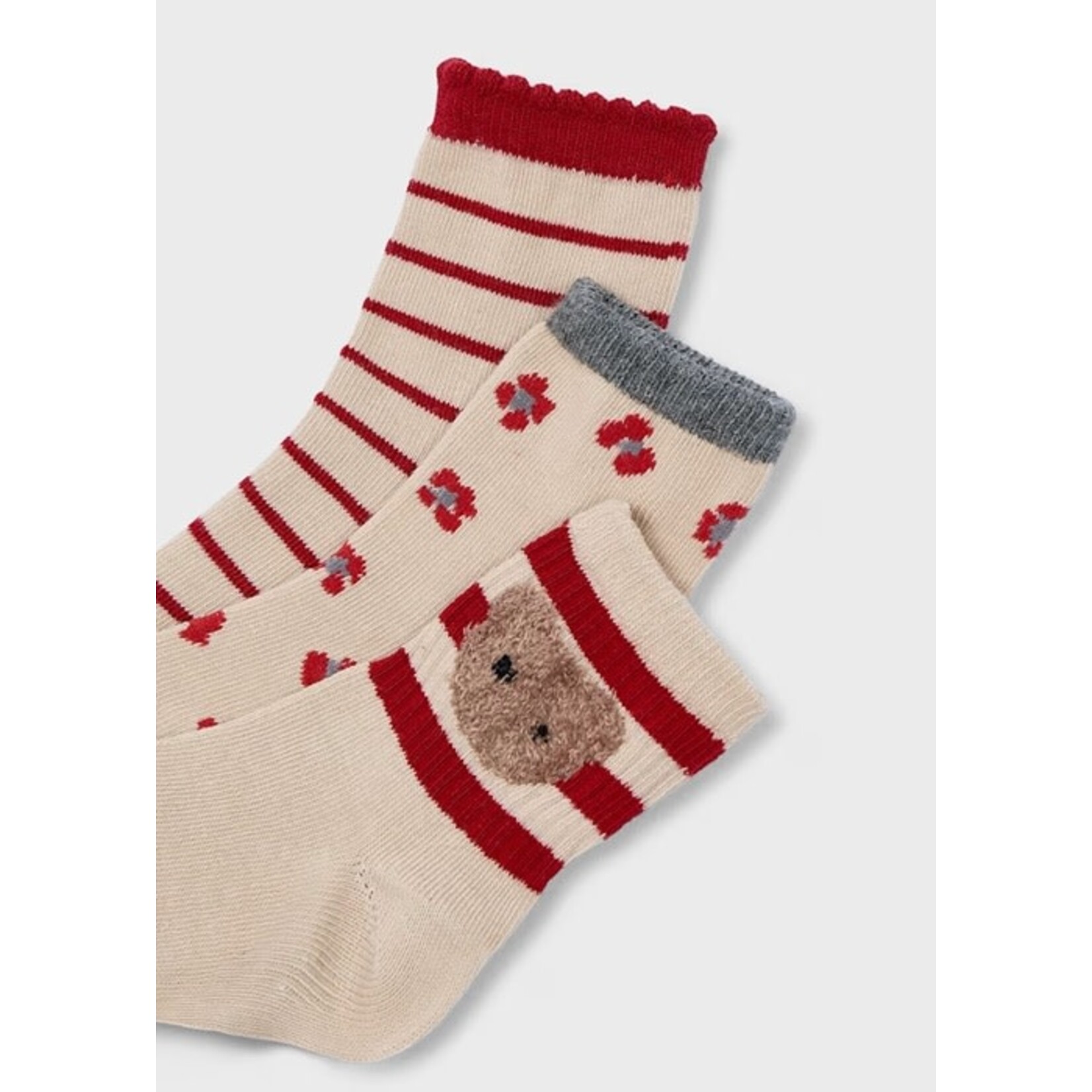 Mayoral MAYORAL - Lot de 3 paires de chaussettes 'Beige avec rayures rouge et ourson/Beige avec fleurs rouge/Beige avec rayures rouge'