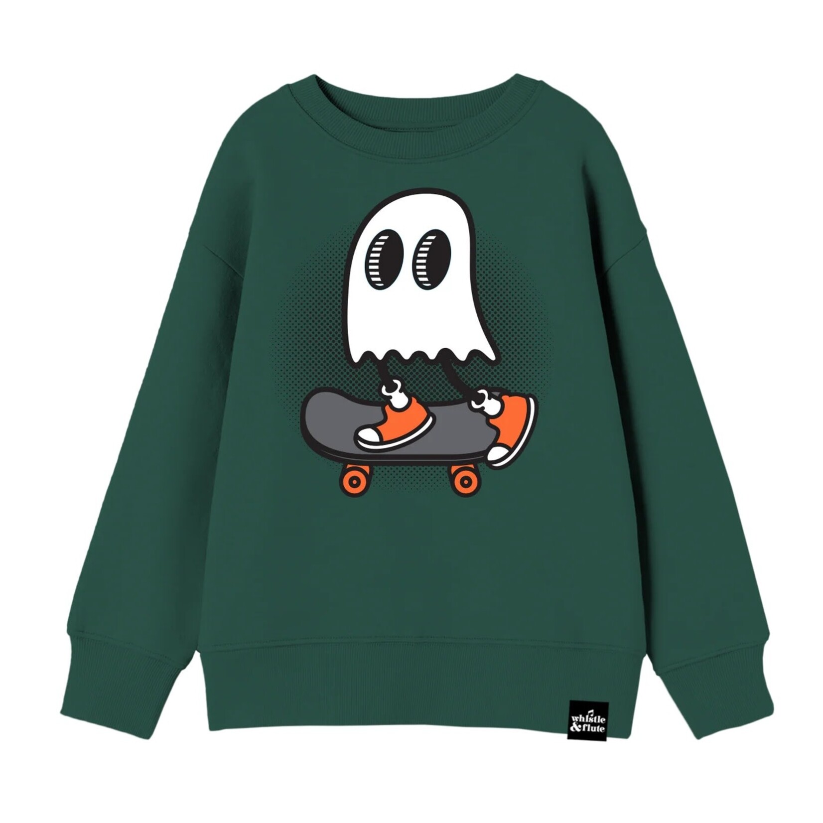 Whistle & Flute WHISTLE AND FLUTE - Chandail coton ouaté vert imprimé d'un fantôme qui fait du skate kawaii