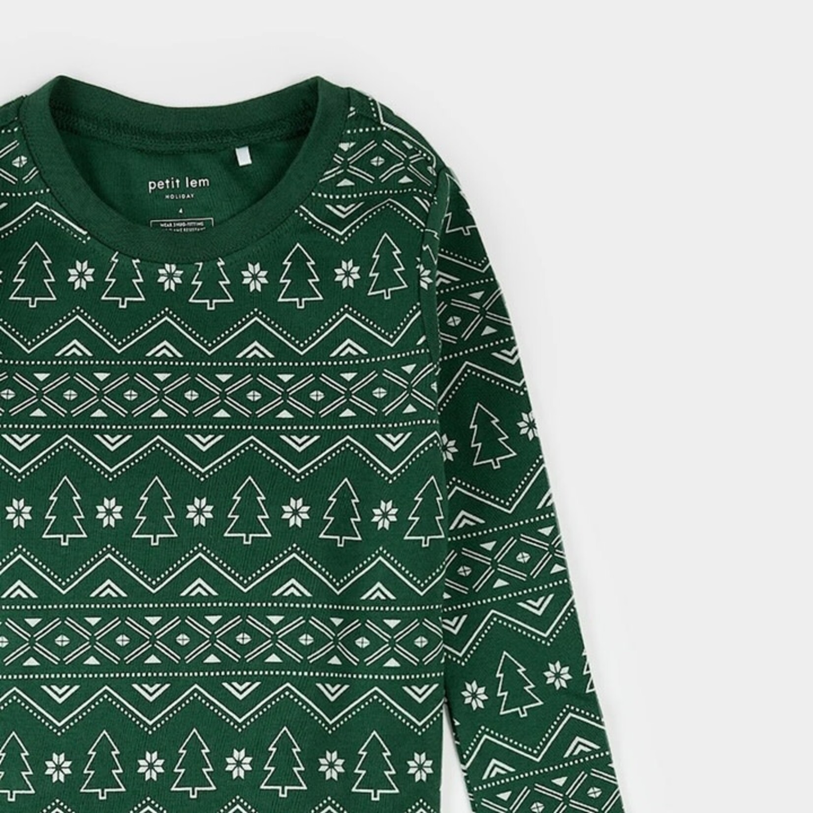 Petit Lem PETIT LEM - Fair Isle Holiday Trees Print on Dark Green Pyjama Set