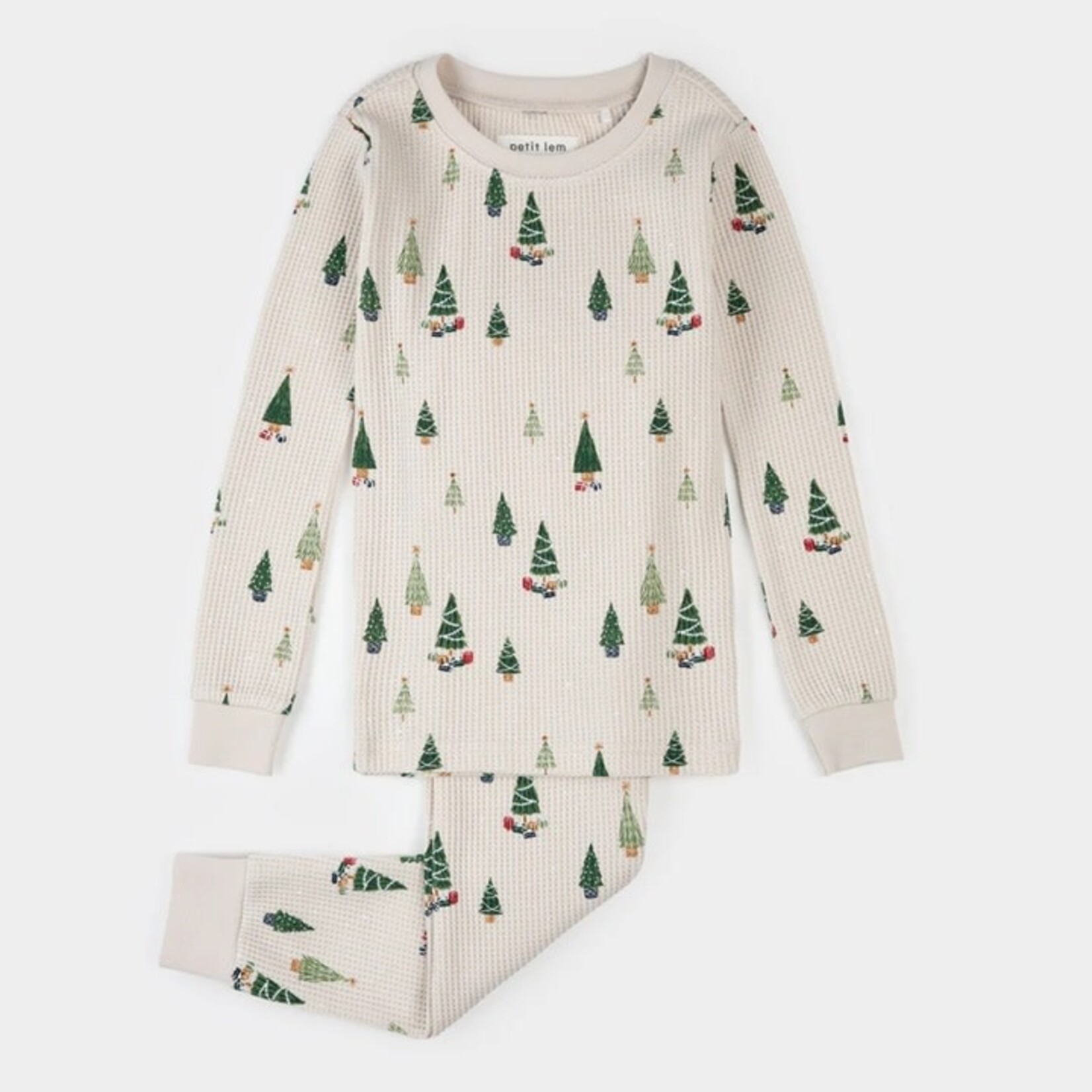 Petit Lem PETIT LEM - Christmas Tree Print on Crème Waffle Pyjama Set (2 pcs)