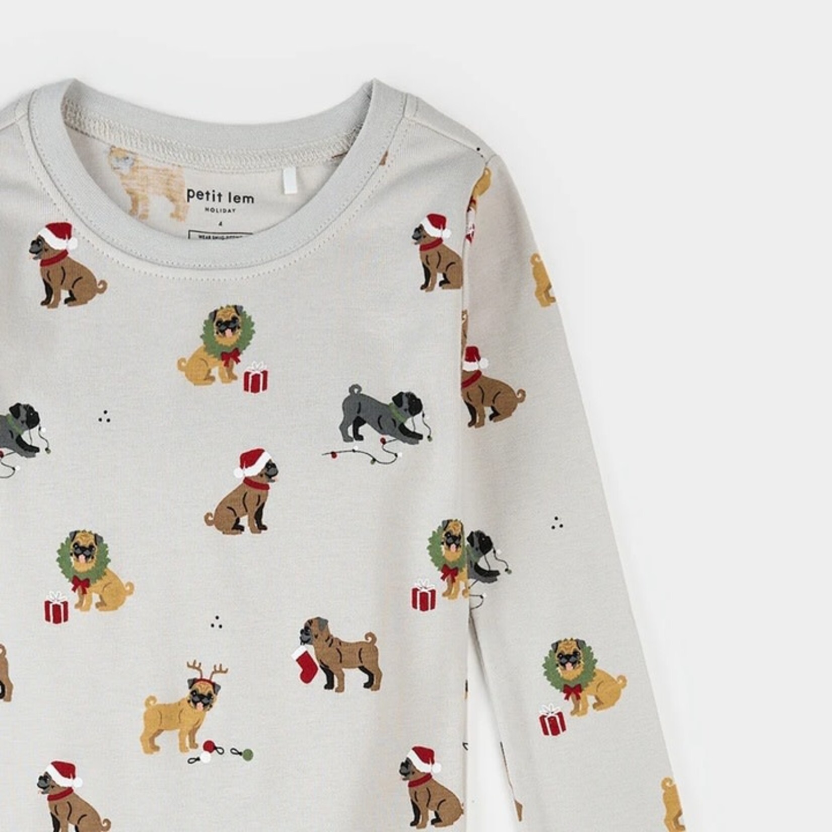 Petit Lem PETIT LEM - Ensemble pyjama gris clair imprimé carlins (pugs) des fêtes (2 pcs)