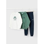 Mayoral MAYORAL - 3-piece set - Green Hoodie, White Long-Sleeved Dinosaur Print T-shirt and Navy Jogging Bottoms