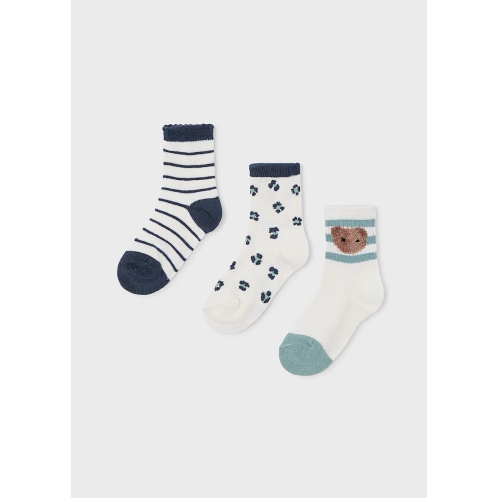 Mayoral MAYORAL - Lot de 3 paires de chaussettes 'Blanches avec rayures bleu marine/Blanches avec motif léopard/Beige avec rayures sauge et ourson'