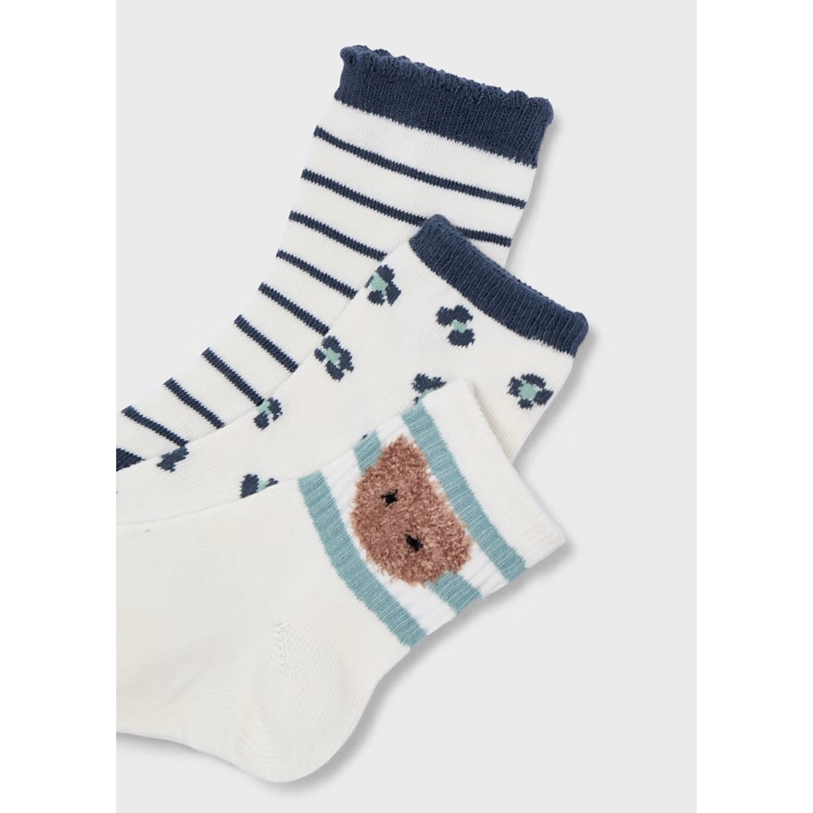 Mayoral MAYORAL - Lot de 3 paires de chaussettes 'Blanches avec rayures bleu marine/Blanches avec motif léopard/Beige avec rayures sauge et ourson'