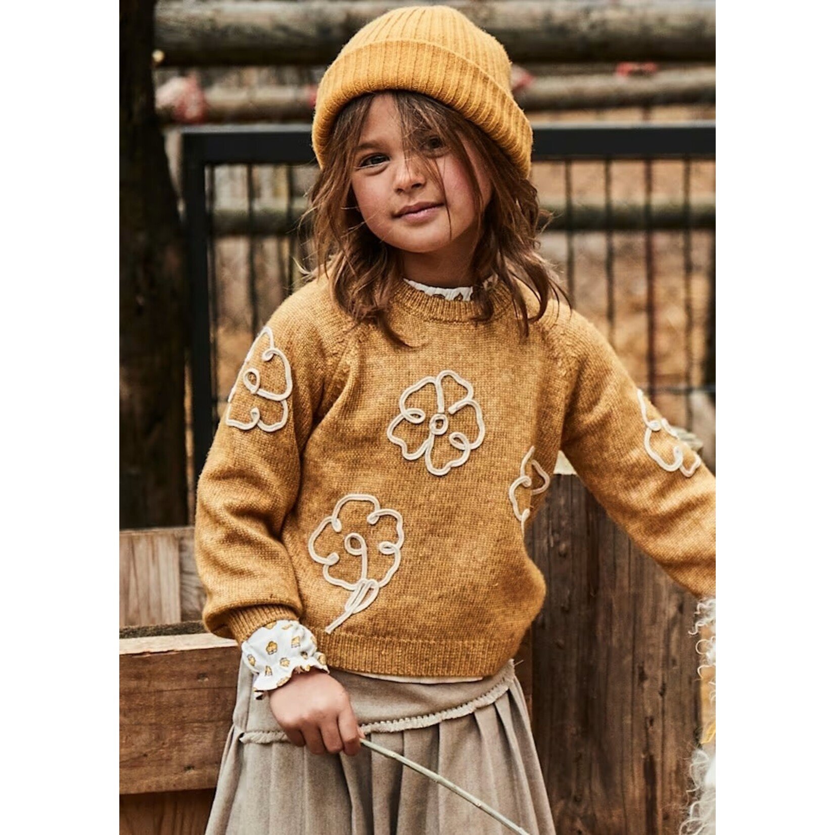 Mayoral MAYORAL - Mustard yellow knitted sweater with flower appliqué