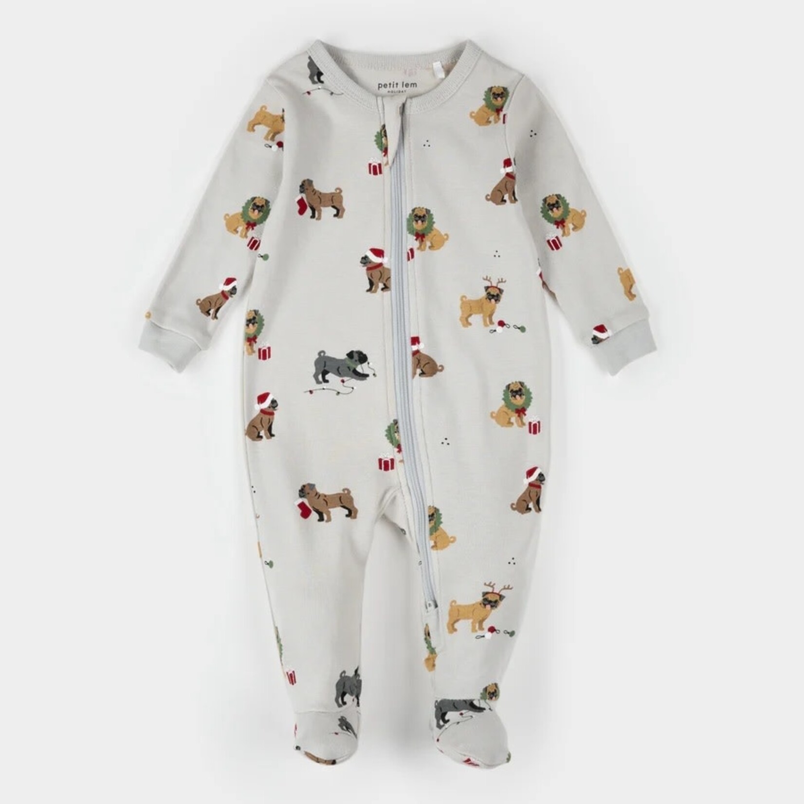Petit Lem PETIT LEM - Pyjama de bébé gris clair imprimé carlins des fêtes