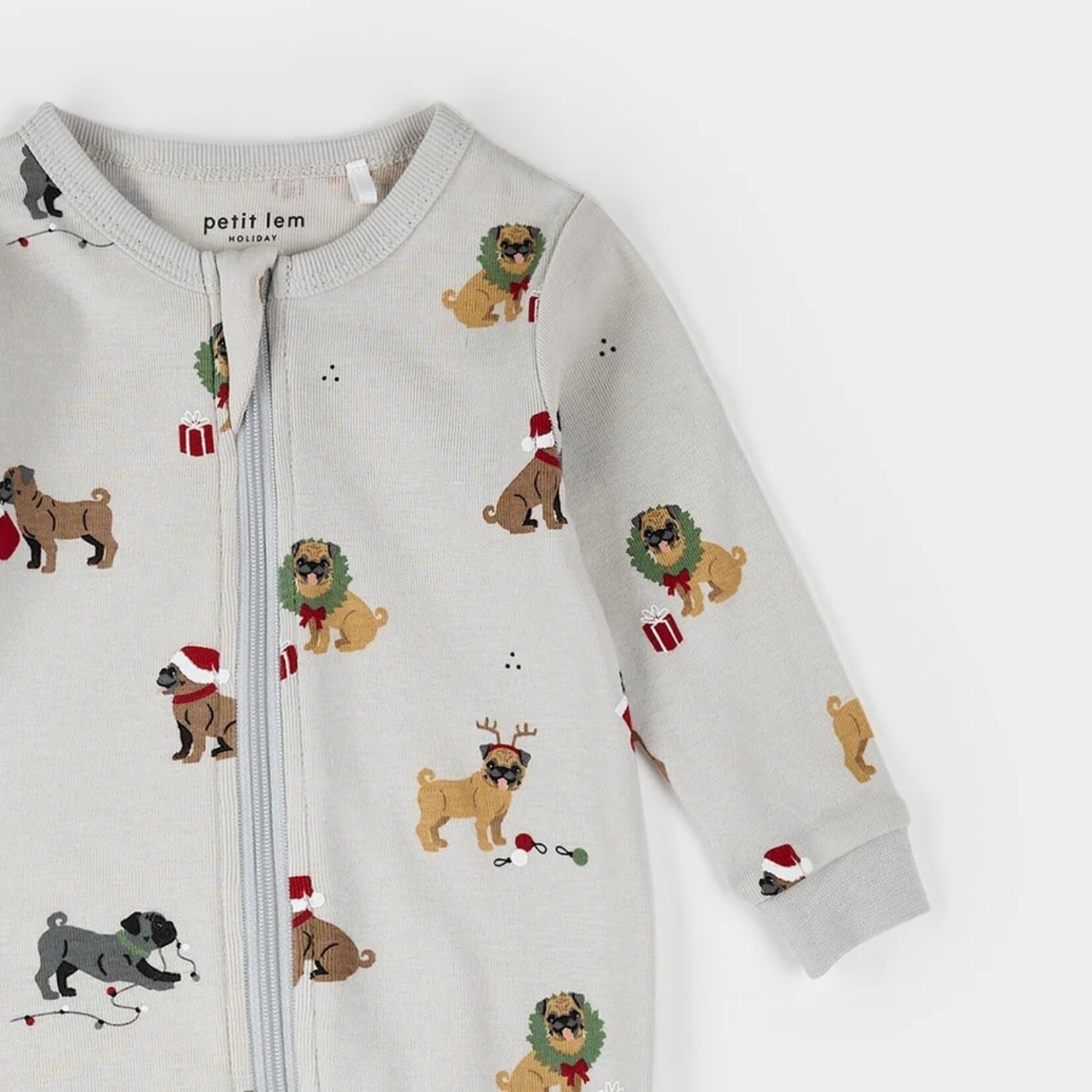 Petit Lem PETIT LEM - Pyjama de bébé gris clair imprimé carlins des fêtes