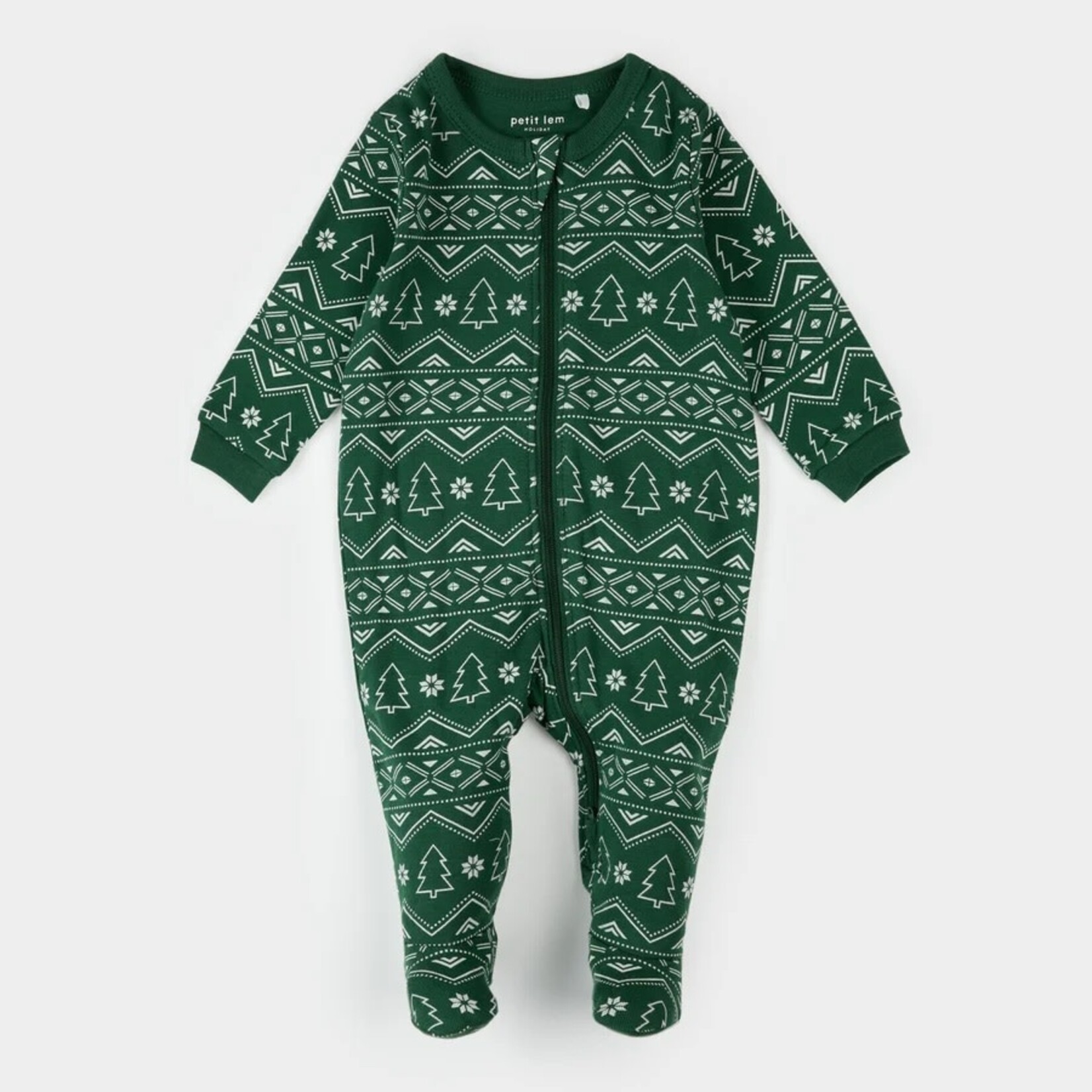 Petit Lem PETIT LEM - Pyjama de bébé vert foncé imprimé jacquard sapins des fêtes