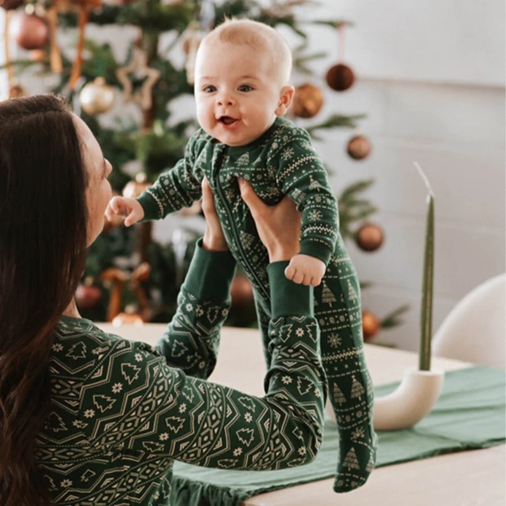 Petit Lem PETIT LEM - Dark green baby pajamas with jacquard print and Christmas trees