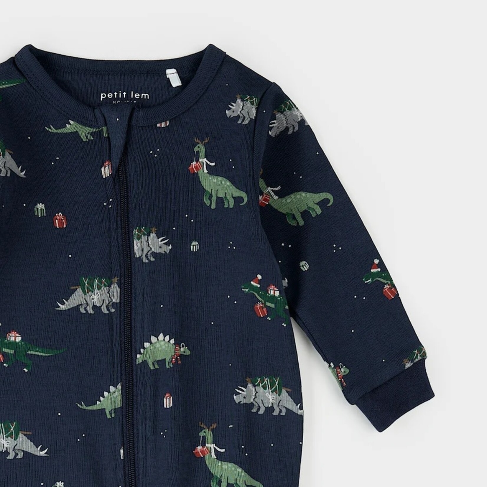 Petit Lem PETIT LEM - Navy baby pajamas with holiday dinosaur print
