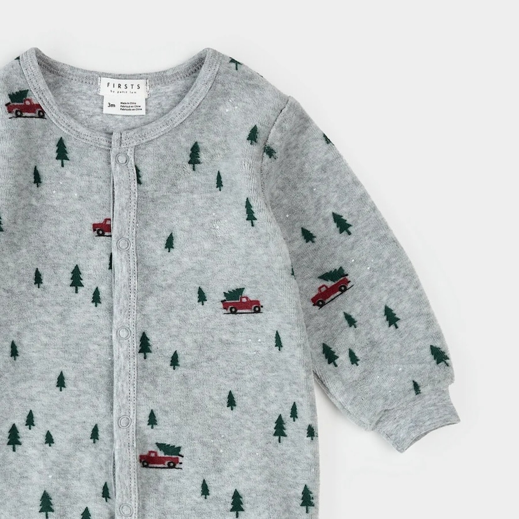 Petit Lem PETIT LEM - Pyjama de bébé en velours gris chiné imprimé camion festif