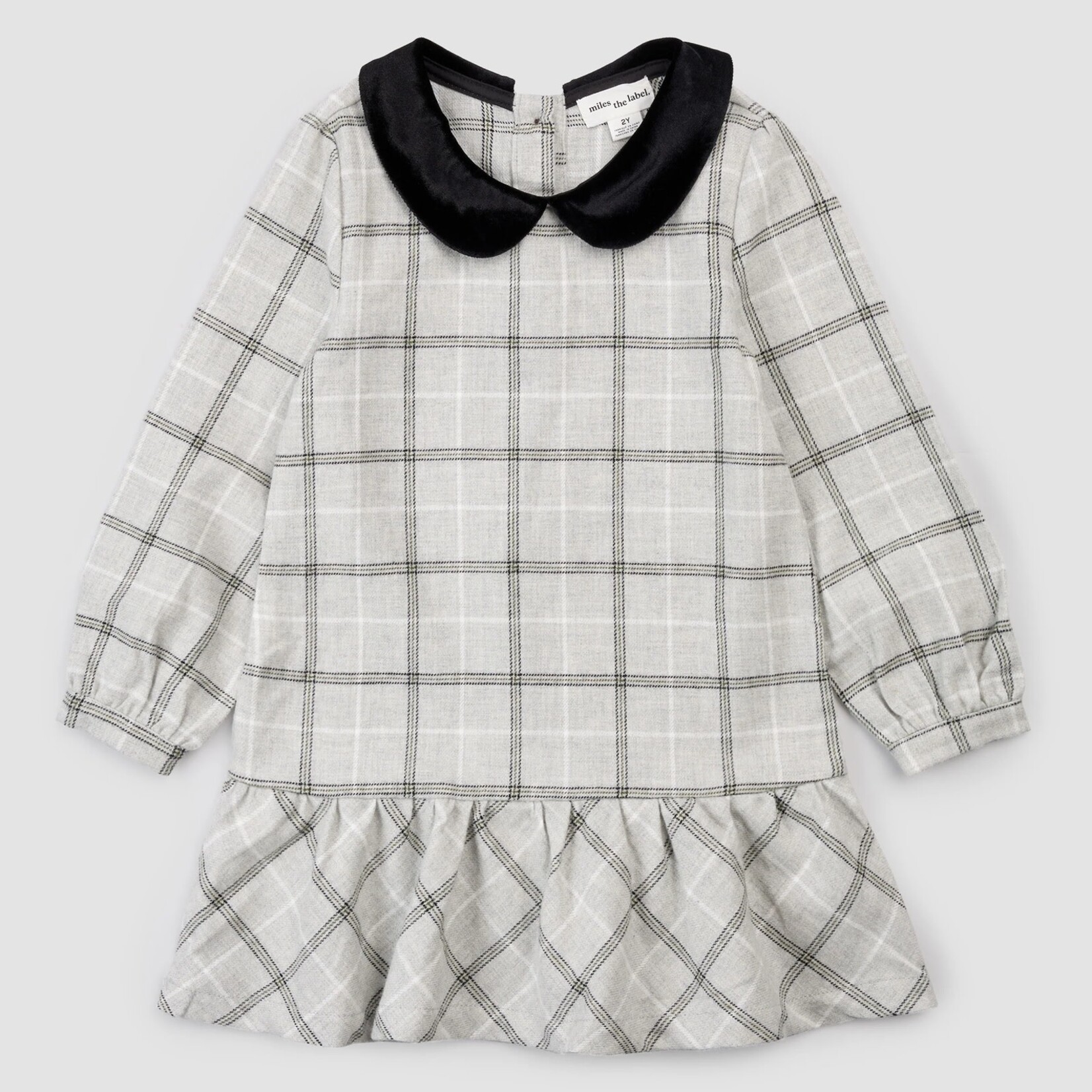 Miles the label MILES THE LABEL - Grey plaid flannel dress with a black velvet collar
