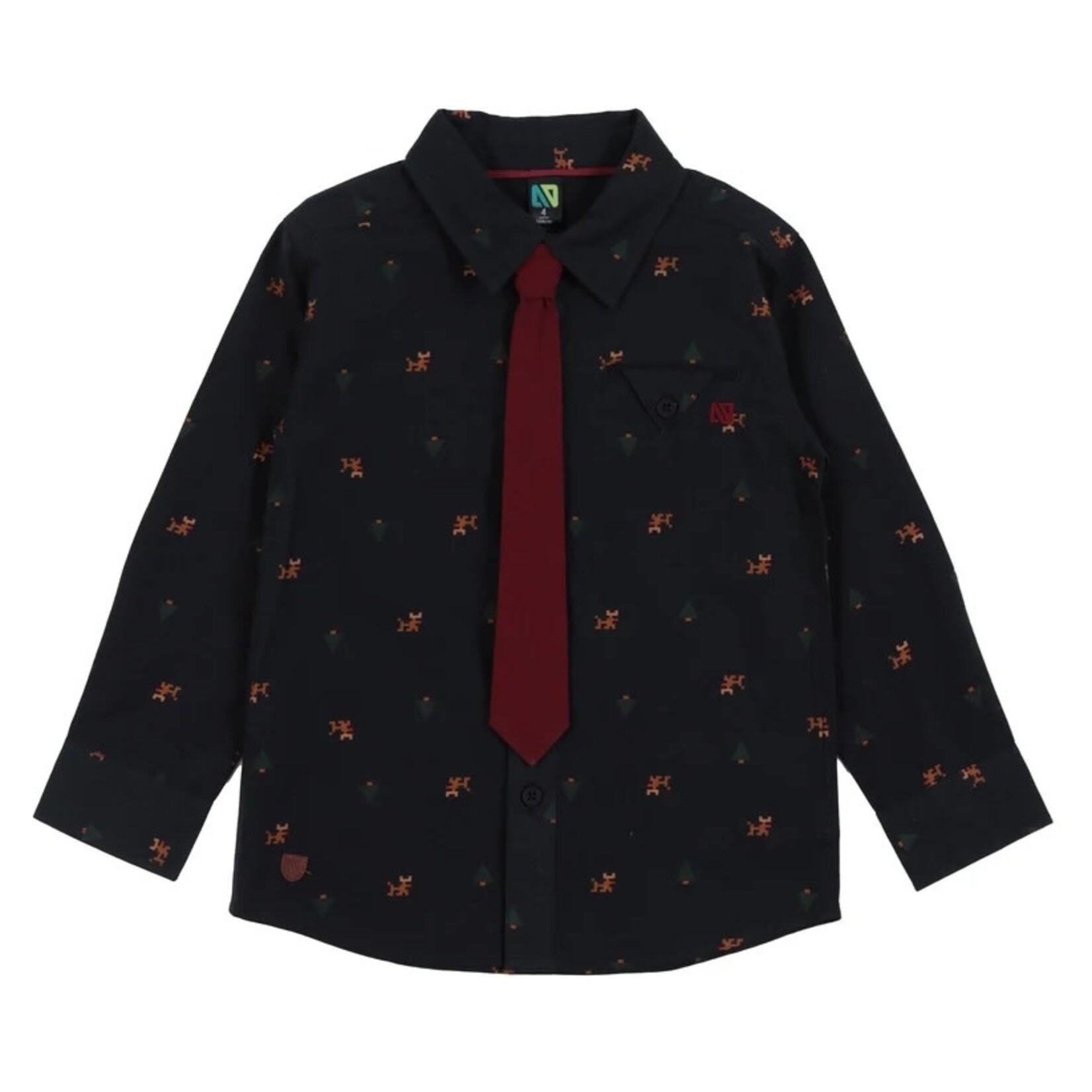 Nanö NANÖ - Black shirt with winter pattern and red tie 'Mignon & Chic'