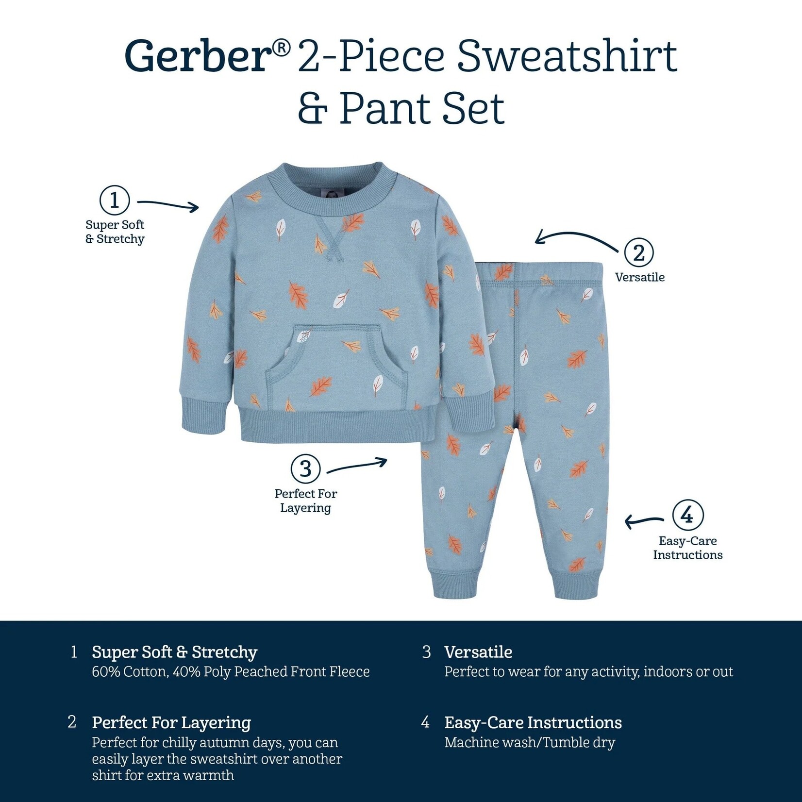 Gerber GERBER - Ensemble sweat-shirt et pantalon à motifs de feuilles bleues (2 pièces)