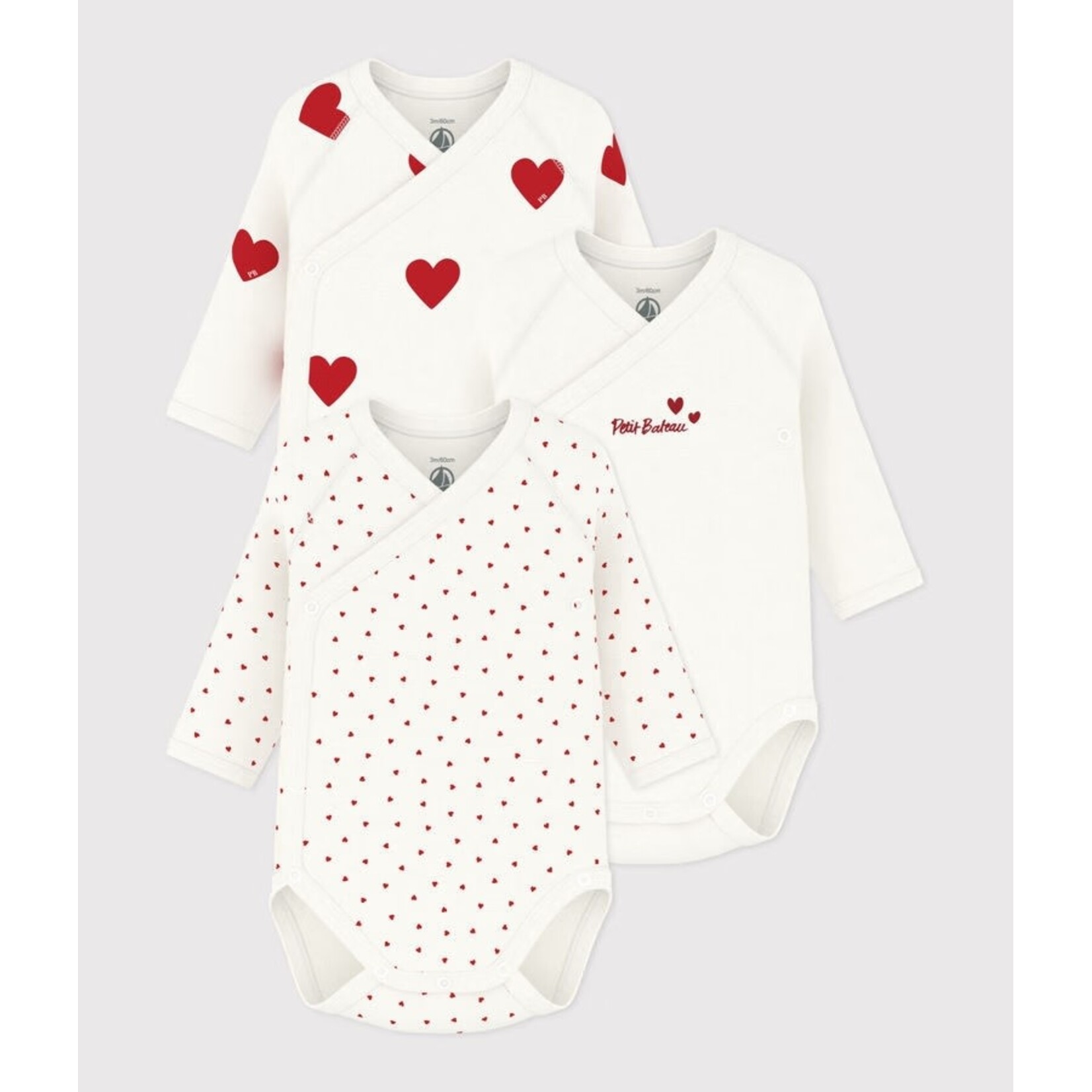 Petit Bateau PETIT BATEAU - PETIT BATEAU - Pack of 3 long sleeved bodysuits with wrap-over collar 'Red Hearts and Embroidery'