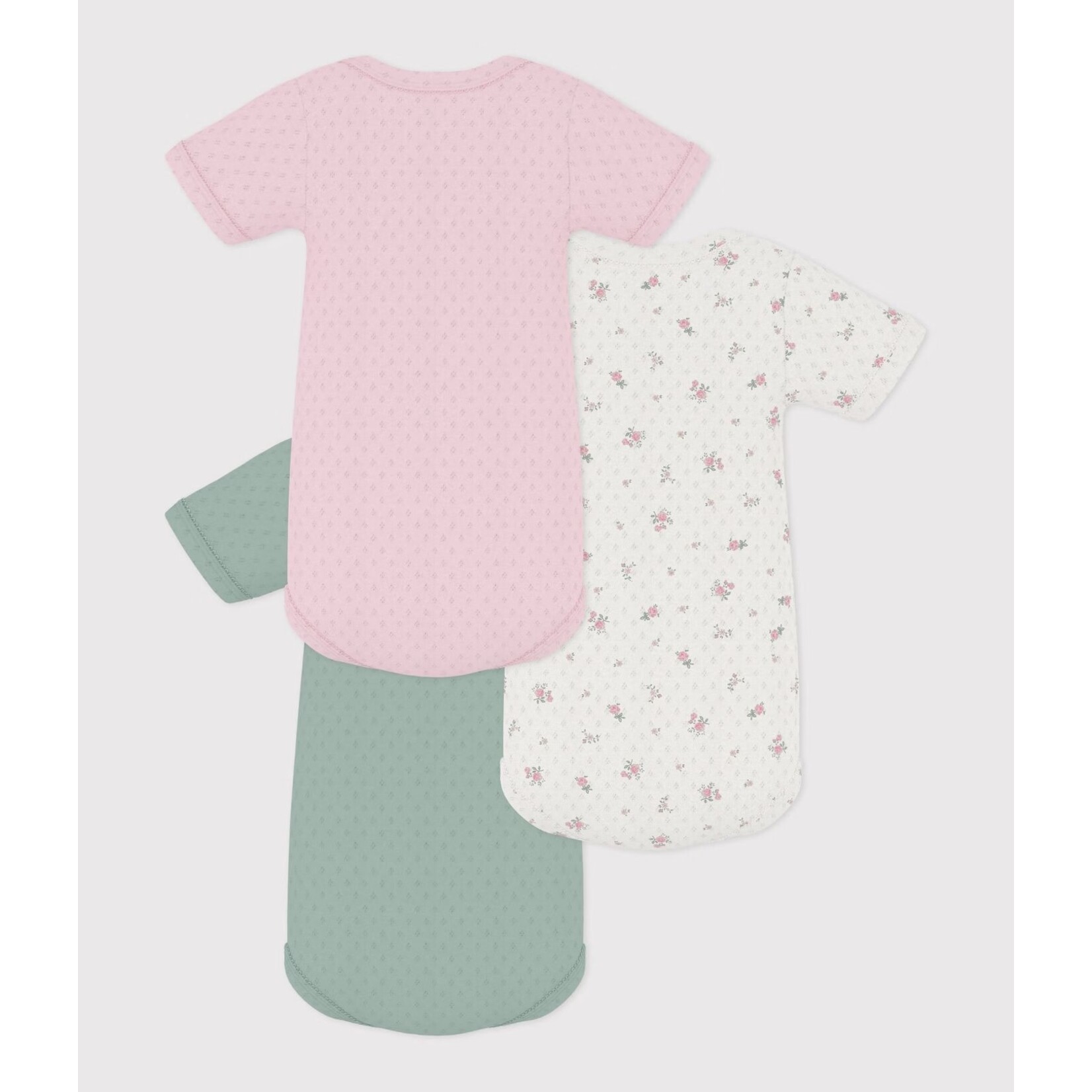Petit Bateau PETIT BATEAU - Lot de 3 cache-couches manches courtes à col rond en coton ajouré 'Fleuri/Rose/Vert'