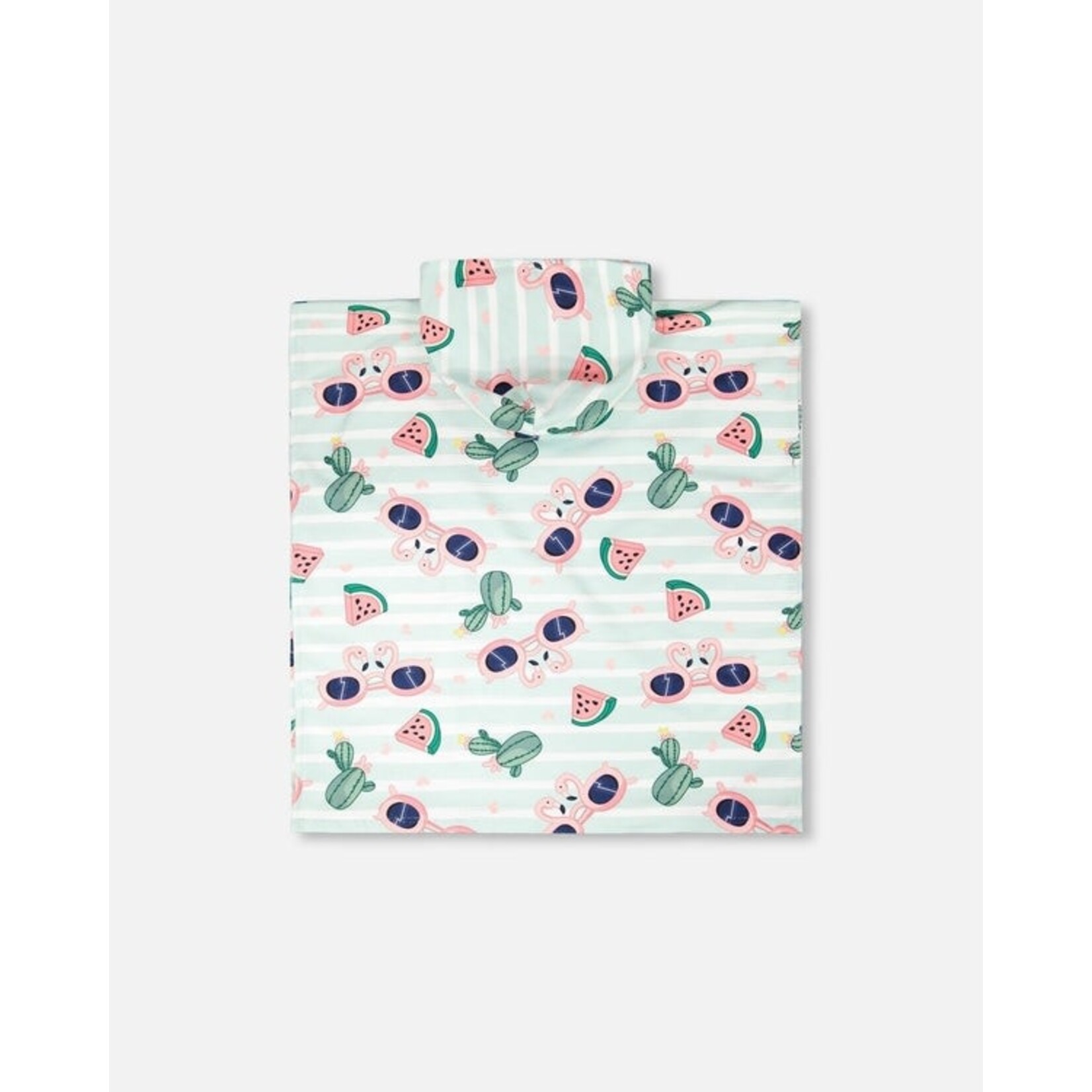 Deux par Deux DEUX PAR DEUX - Beach towel with blue hood, printed with pink flamingos and cacti 'Comme un poisson dans l'eau'