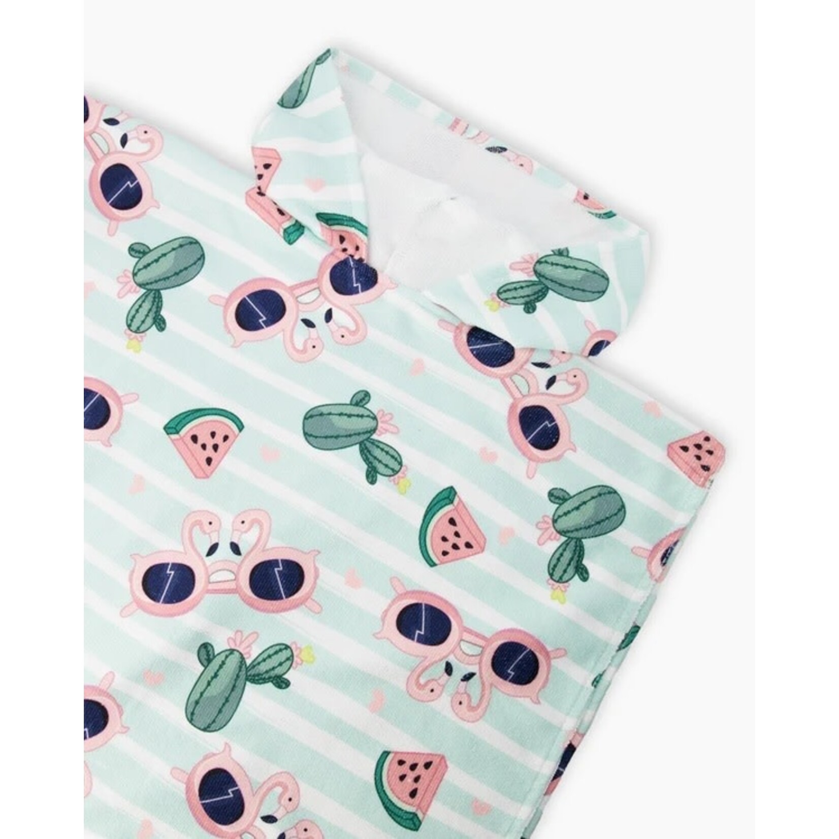 Deux par Deux DEUX PAR DEUX - Serviette de plage avec capuchon bleu imprimé flamants roses et cactus 'Comme un poisson dans l'eau'