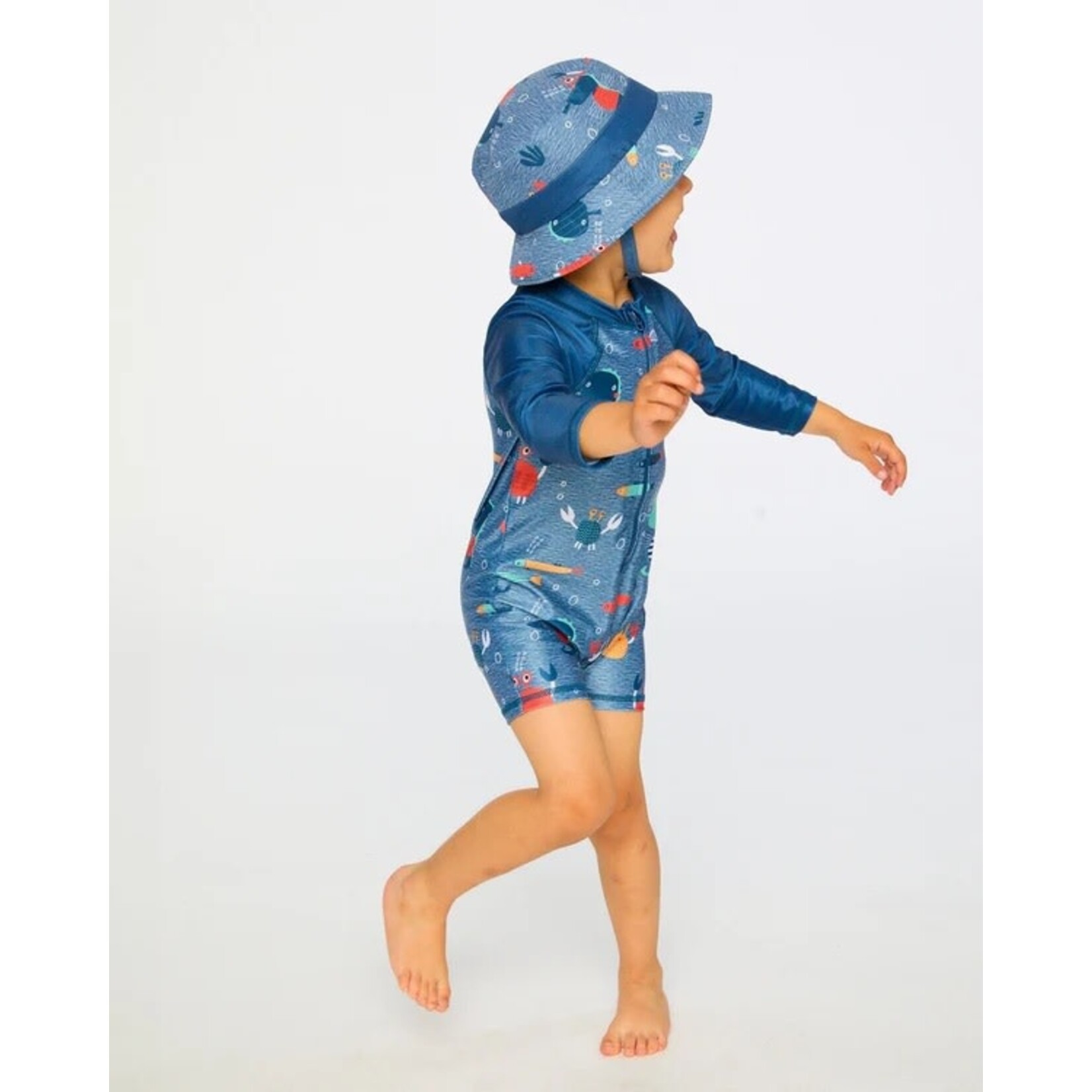 Deux par Deux DEUX PAR DEUX - Blue one-piece long-sleeved swimsuit with marine animal print  'Comme un poisson dans l'eau'