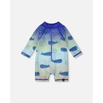 Deux par Deux DEUX PAR DEUX - Blue one-piece long-sleeved swimsuit with whale print  'Comme un poisson dans l'eau'