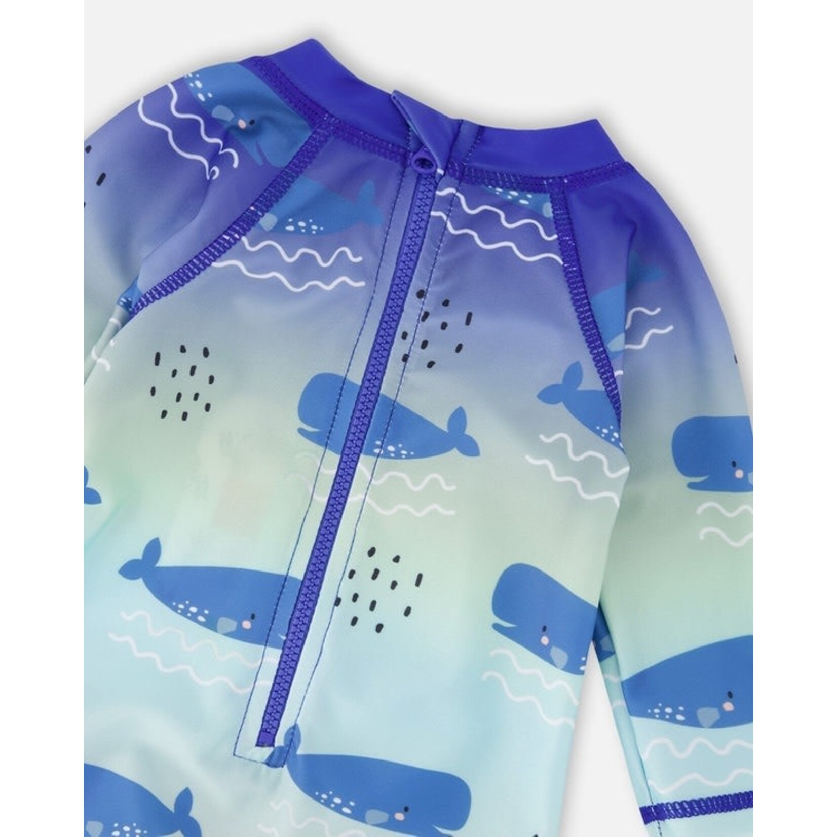 Deux par Deux DEUX PAR DEUX - Blue one-piece long-sleeved swimsuit with whale print  'Comme un poisson dans l'eau'