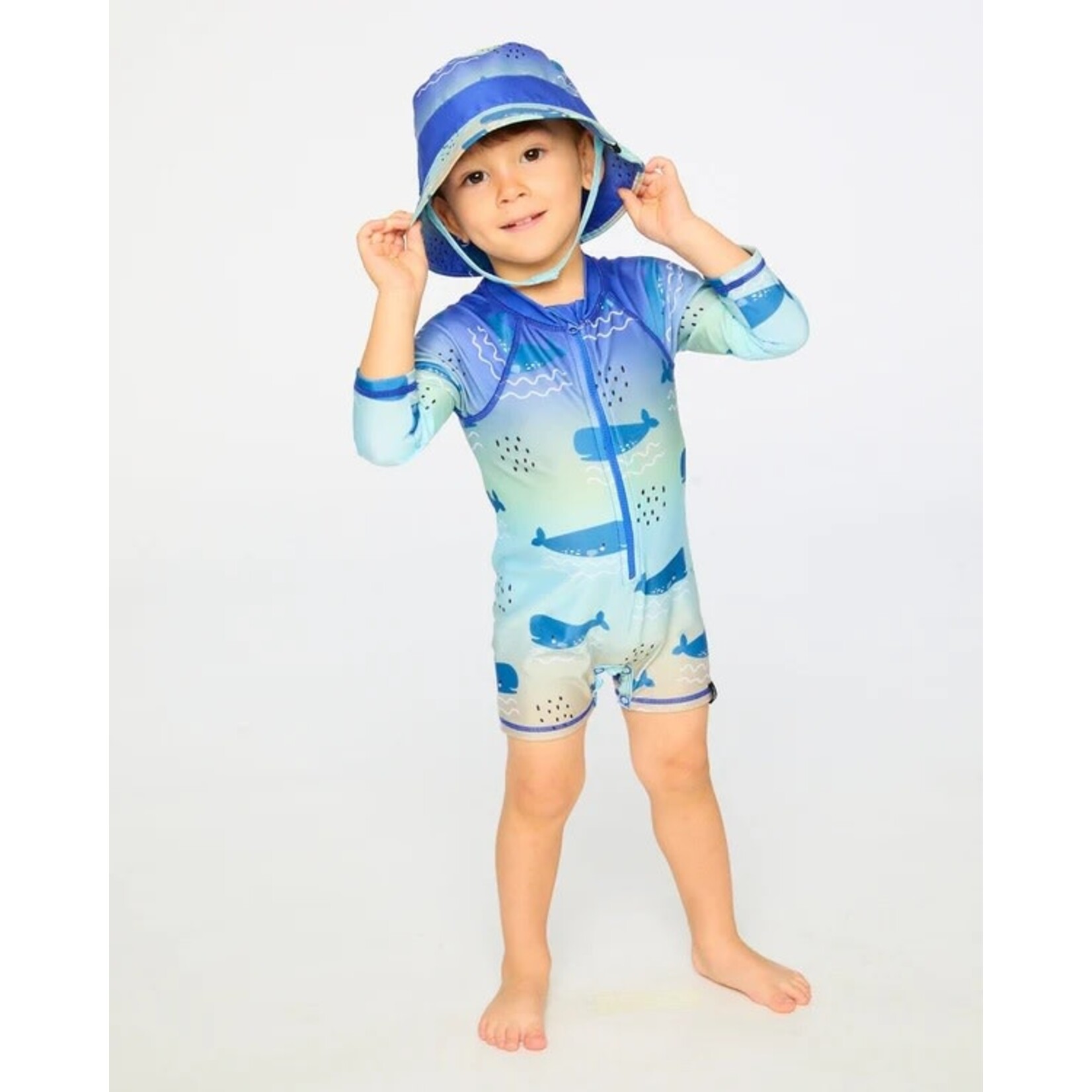 Deux par Deux DEUX PAR DEUX - Blue one-piece long-sleeved swimsuit with whale print  'Comme un poisson dans l'eau'