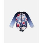 Deux par Deux DEUX PAR DEUX - Blue one-piece long-sleeved swimsuit with rose print  'Comme un poisson dans l'eau'